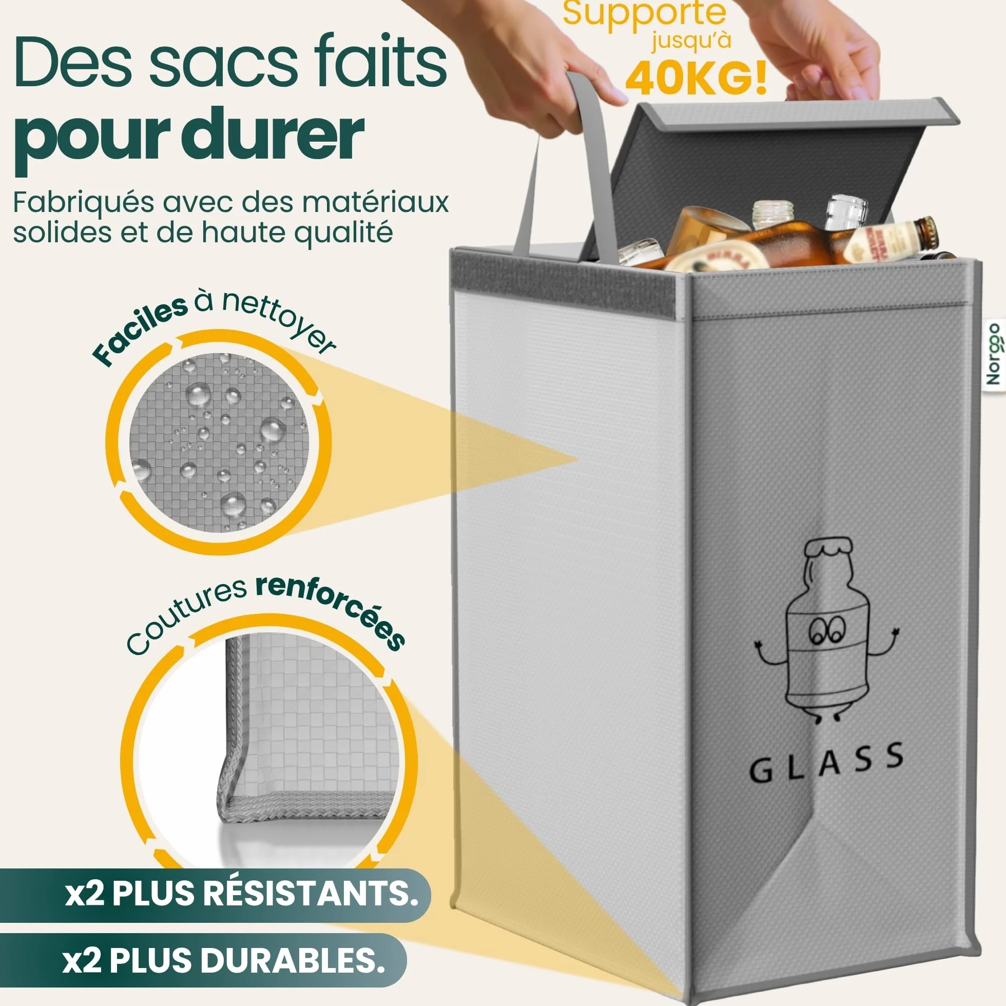 Poubelle tri selectif 3 bacs 40L avec poignée pour plastique, papier et verre
