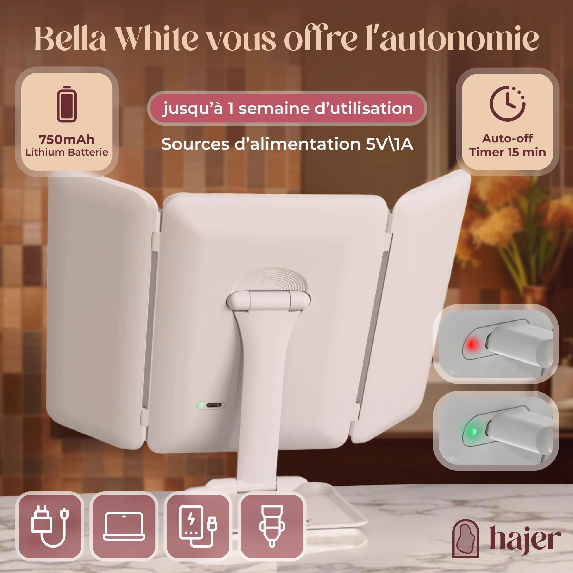 Hajer Miroir Maquillage LED Grossissant 1X/3X/5X 3 Modes Éclairage Tactile Rechargeable USB-C Pliable Voyage