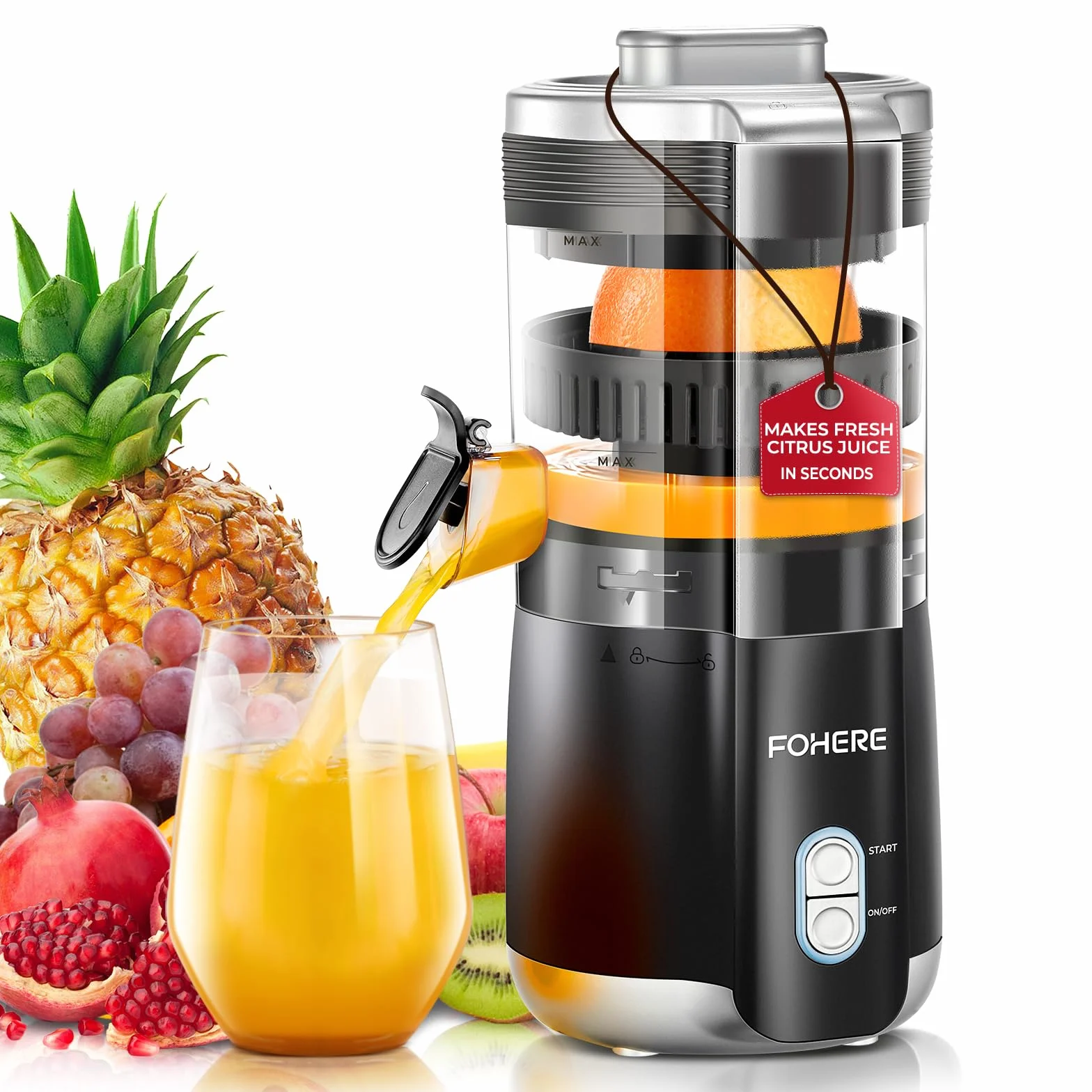 FOHERE Presse Agrumes Automatique 100 W, 2 Cônes, Bec Anti-gouttes, Sans BPA