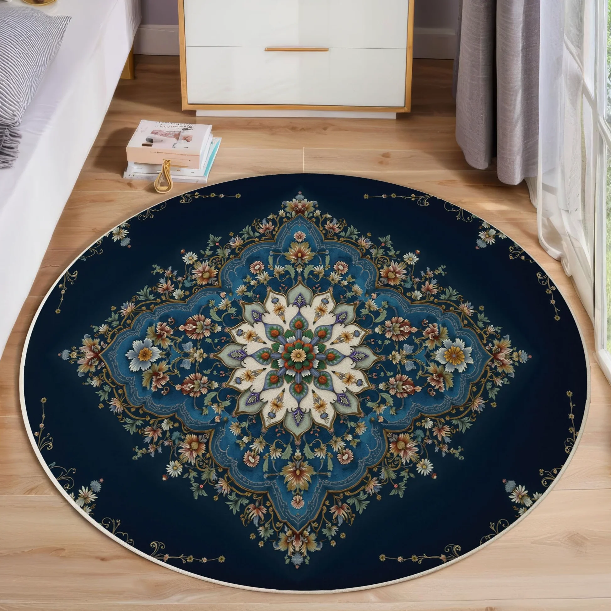 Tapis Rond 120cm Lavable Machine, Moquette Antidérapante Poil Bas Style Style de Tapis Persan, Motif Motif Floral géométrique Doux pour Salon, Chambre, Cuisine, Nursery, Bureau Bleu foncé