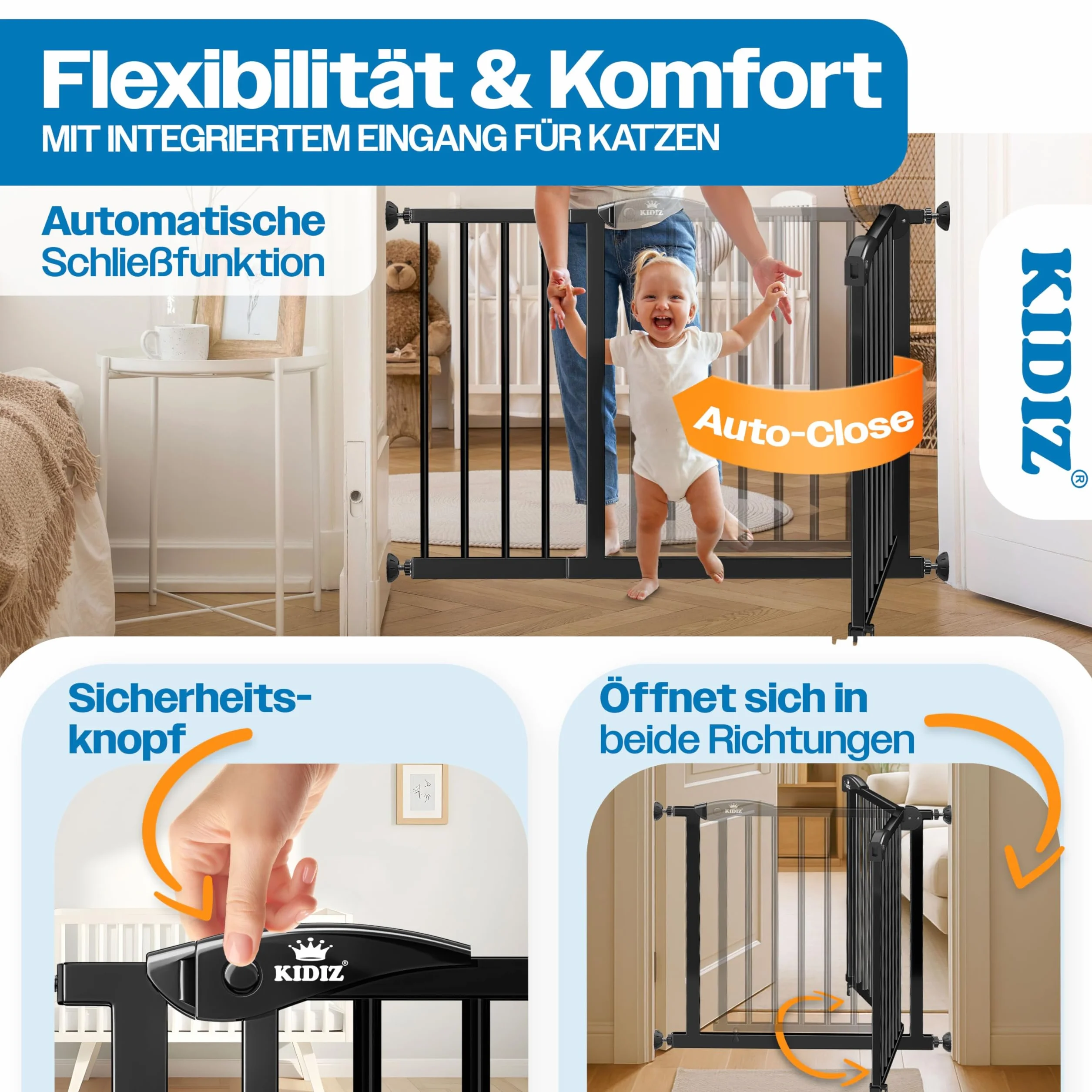 Barrière de sécurité d'escalier KIDIZ sans perçage 88-94 cm 75 cm pour enfants et chiens ouverture une main