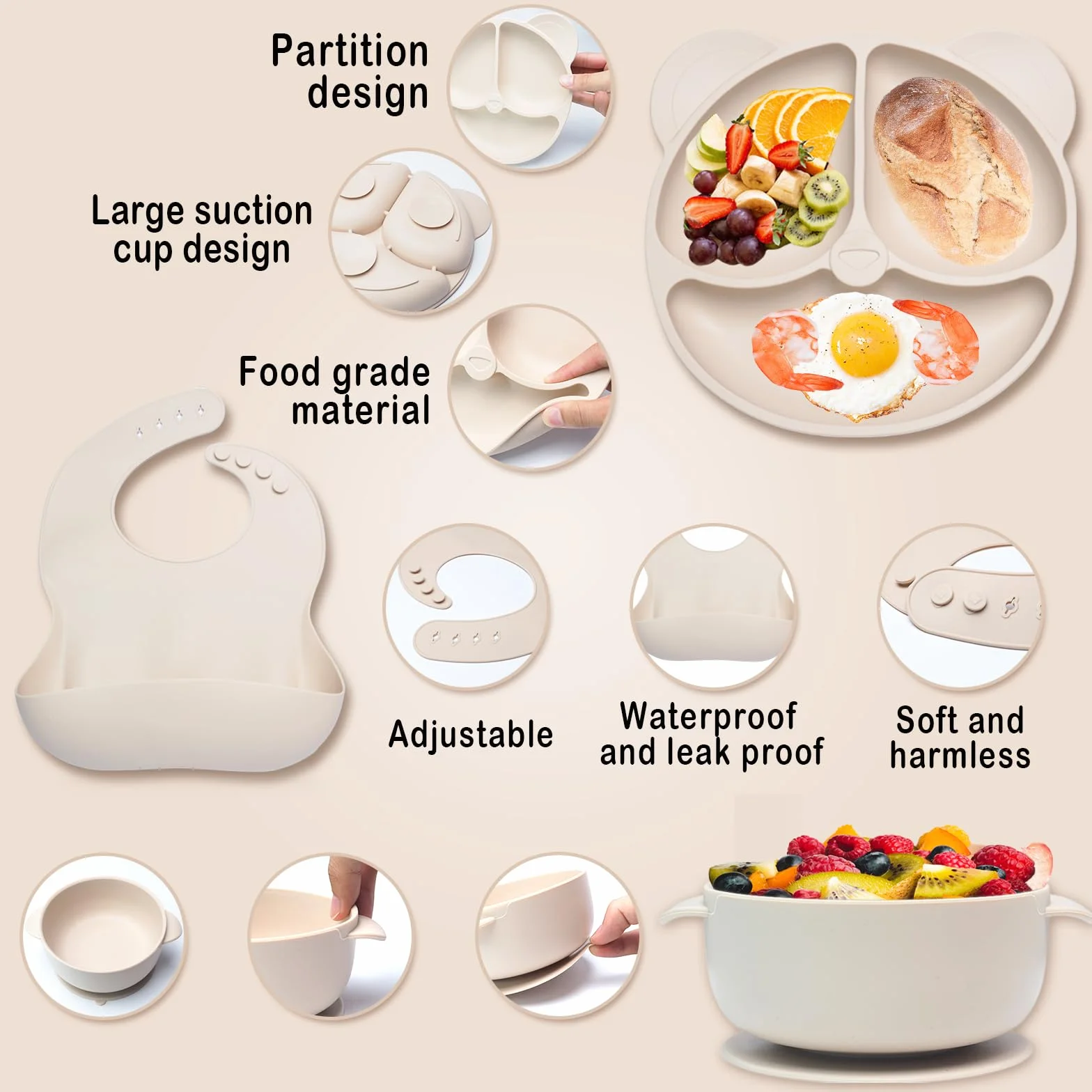 Coffret Repas Bebe Silicone Set Vaisselle Assiette Ventouse Bavoir Couverts Enfant Sevrage Manger Beige