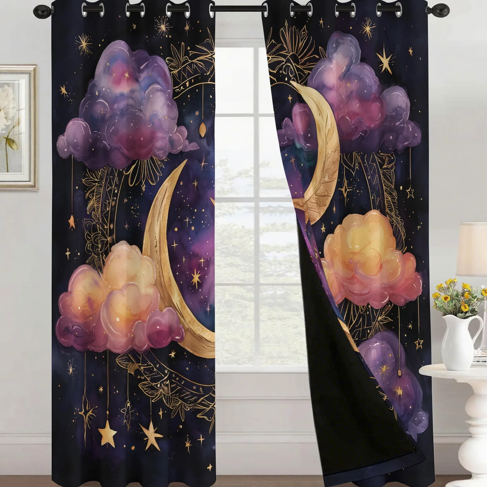 Générique Rideau Occultant Nuage Lune, Lot de 2 75x166(LxH) | Rideaux Thermiques Motif Étoile Ciel Nocturne pour Decoration Chambre Salon, Draperies Intérieurs à Oeillets E8029