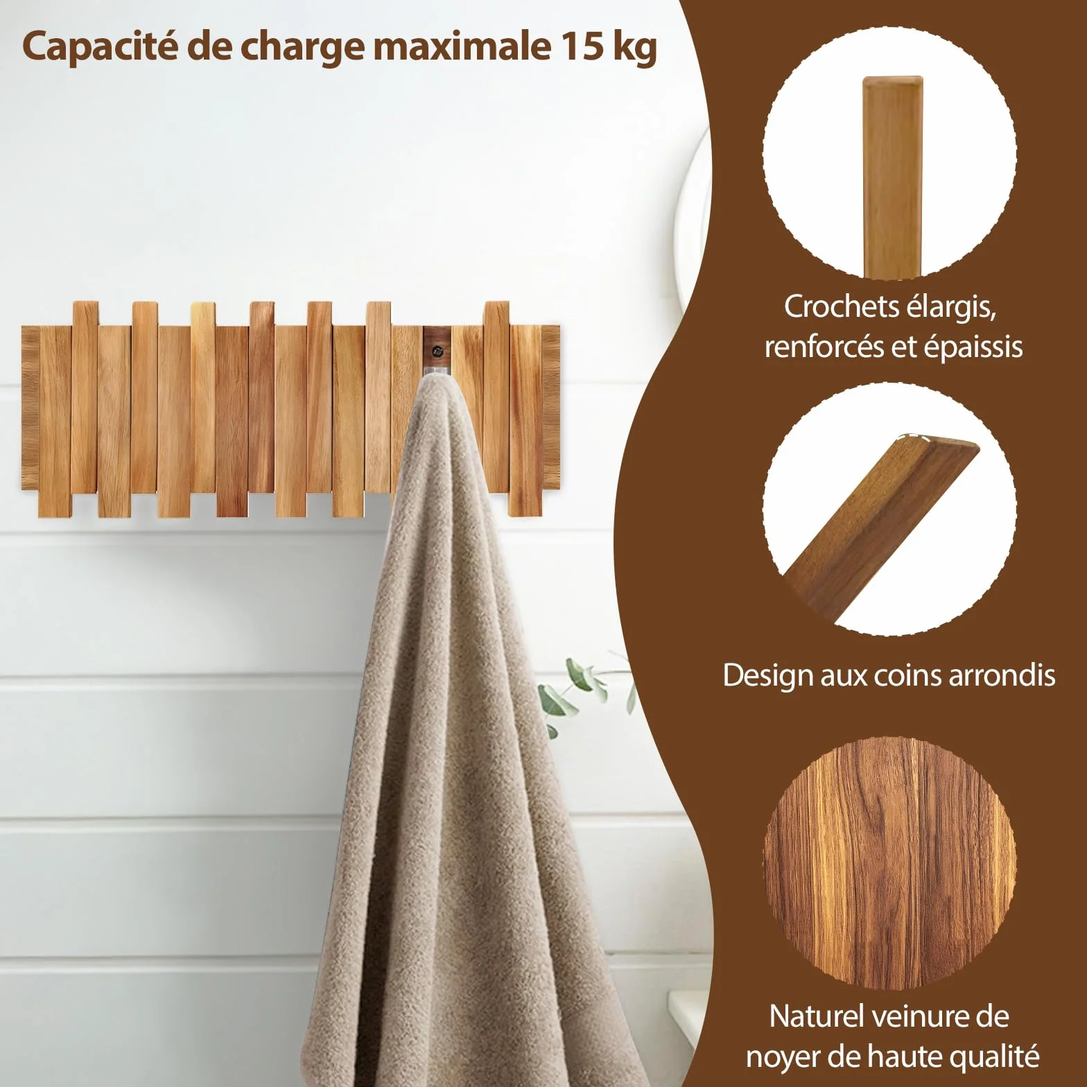 Porte-Manteau Mural en Bois avec 8 Crochets, Crochets Pliables, Design Moderne, 42,5 x 16 x 2,5 cm