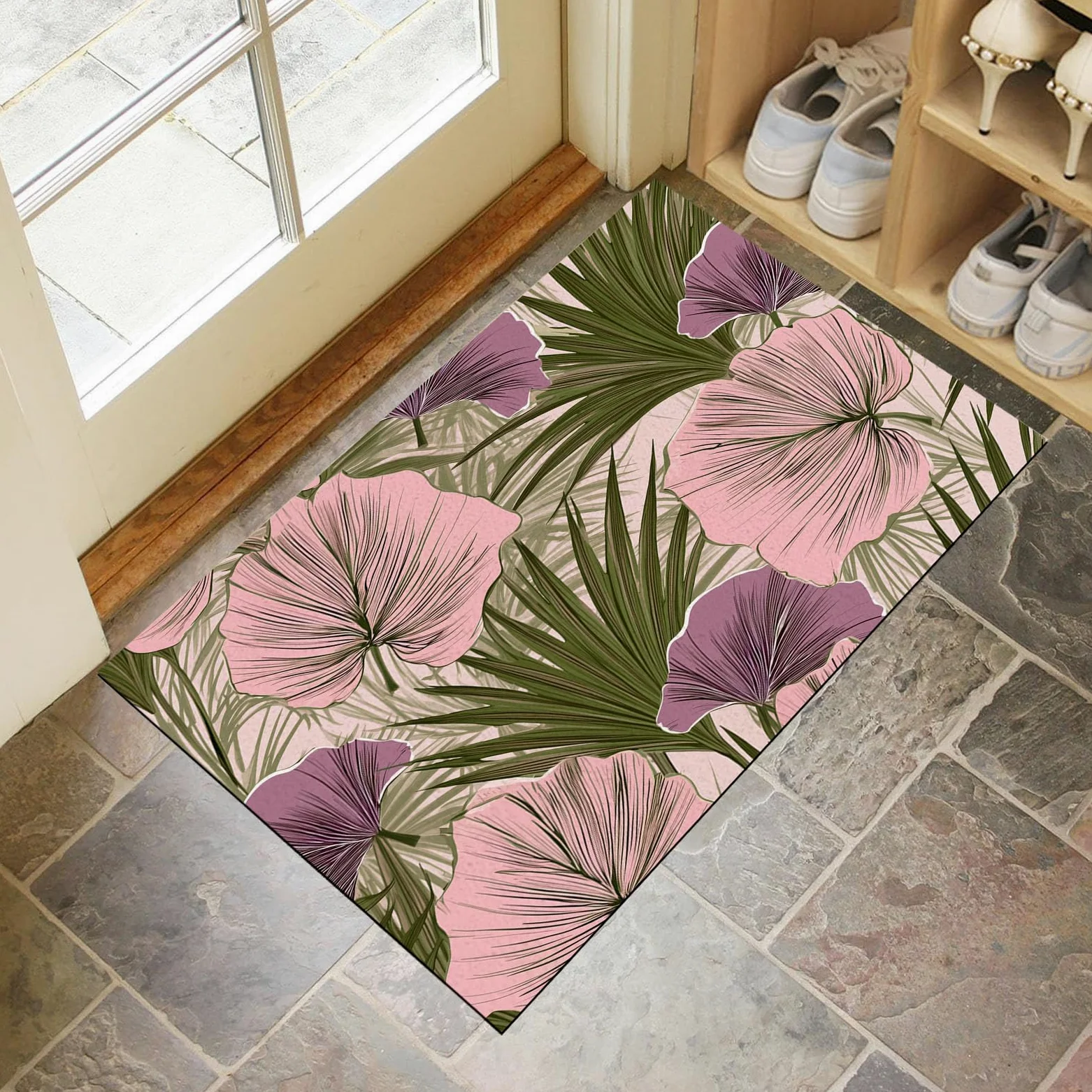 Tapis Feuilles De Palmier Tropicales 90X150Cm en Fausse Laine Vert Olive pour Salle De Bain Cuisine, Petit Paillasson D'Entrée D'Intérieur, Plantes Vintage, Tapis De Sol Antidérapant Lavable