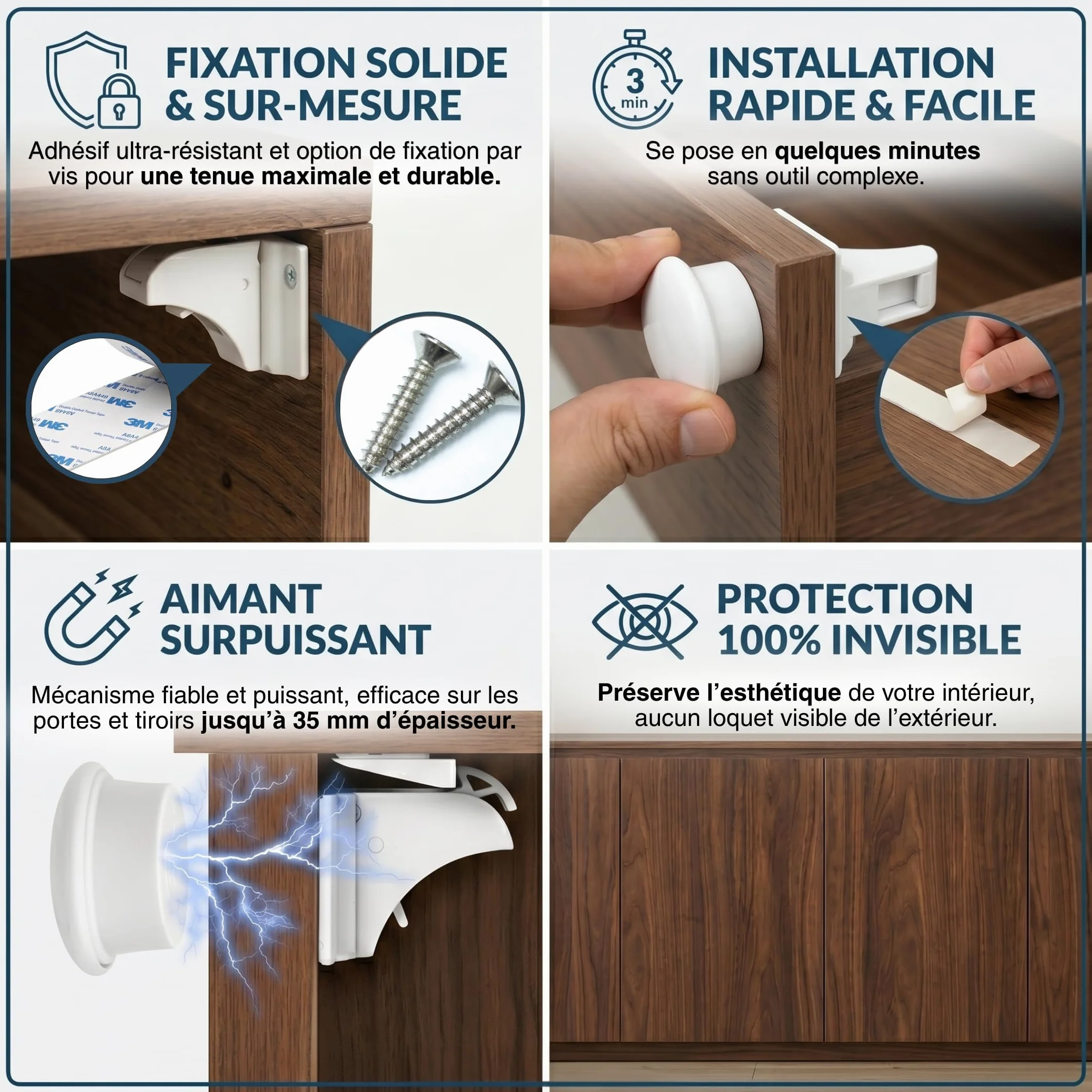 Serrure Magnétique Invisible 10 Verrous 2 Clés Protection Placards Portes Tiroirs Blocage Sans Perçage