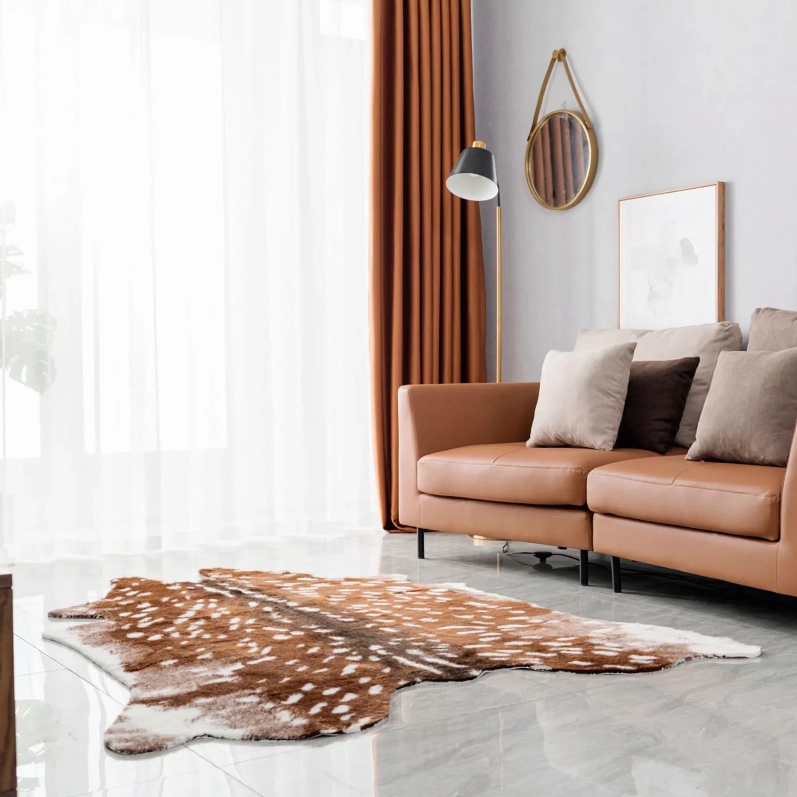 Grand tapis Sika en fausse fourrure avec imprimé cerf - 1,5 x 1,8 m - Blanc et marron