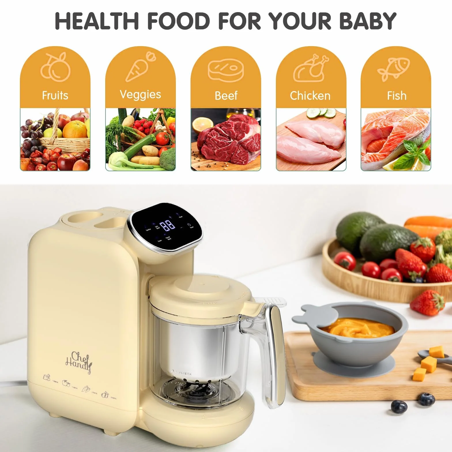 Robot Cuiseur Mixeur Bébé 5 en 1, Cuisson Vapeur Douce Rapide, Multifonctions (Jaune)