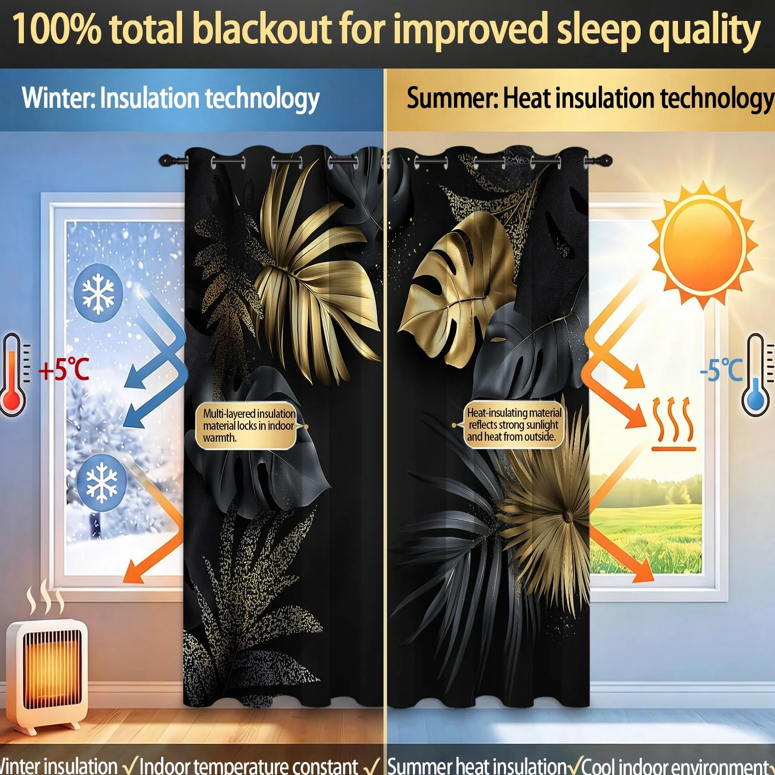 Rideau Occultant 3D Impression Feuilles Tropicales Modernes Et Élégantes Rideaux Salon Isolant Anti Froid Polyester 91.5L X 214H cm (2 Panneaux) Rideaux De pour Chambre Cuisine Décoration Noir Or