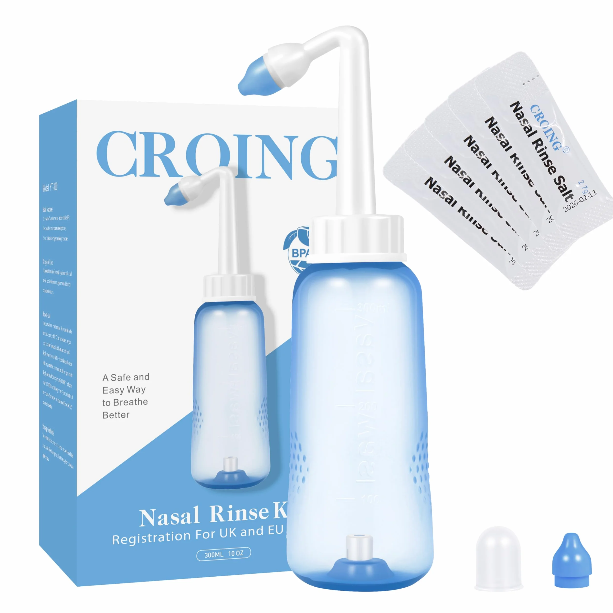 CROING 300ml Bouteille + 40 Sachets Sel Nasal - Kit Lavage de Nez Sinus Rinse Irrigation Nasale
