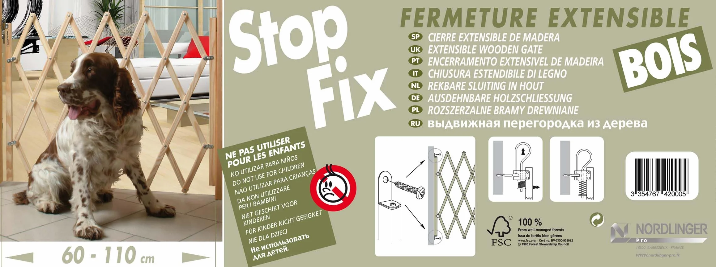 NORDLINGER Pro Barrière Animaux 742000 Stop'Fix Bois FSC Extensible 60-110cm