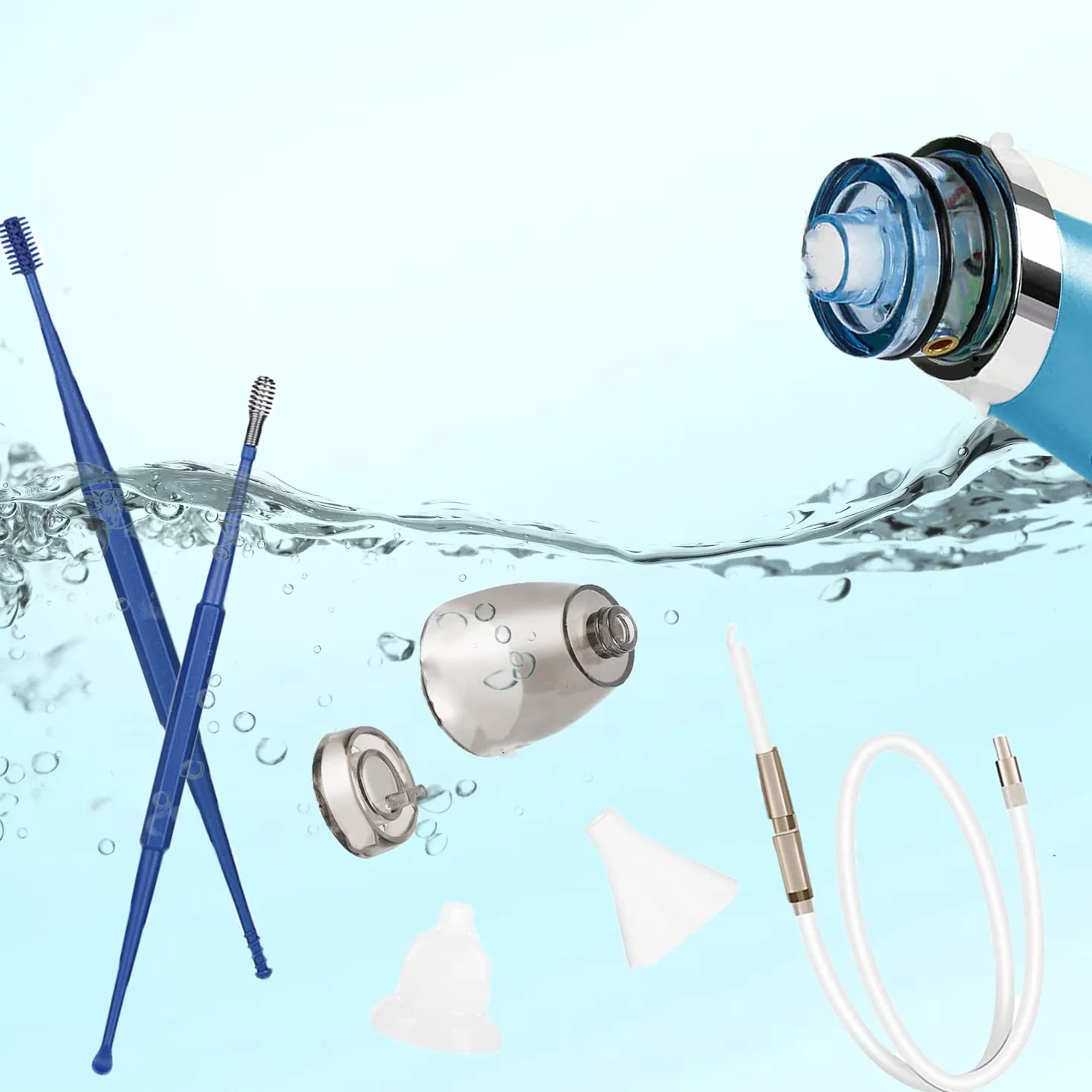 Aspirateur de Cérumen Électrique 360° Silicone Têtes de Rechange Bleu