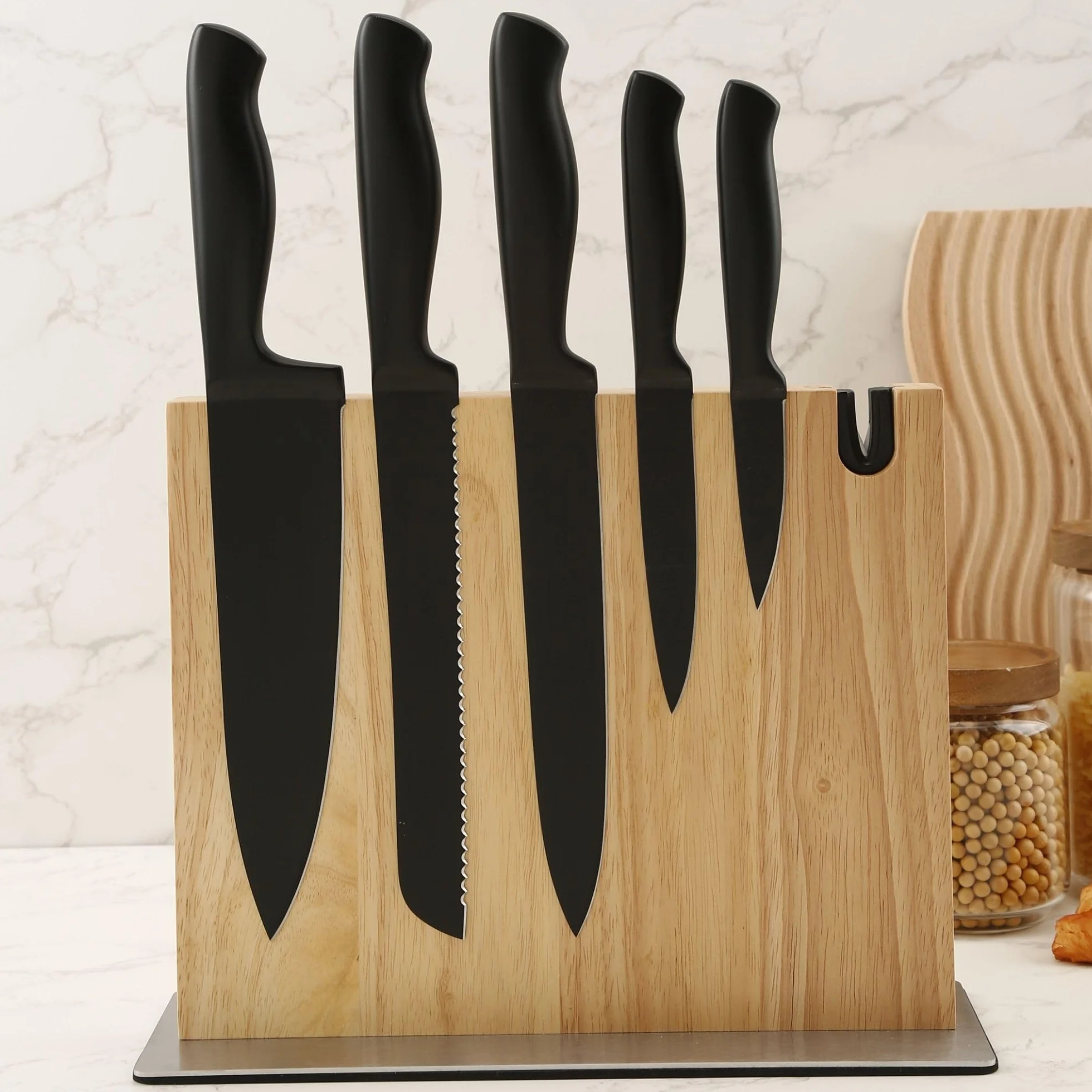 Porte Couteaux Magnétique Cuisine XL avec Aiguiseur Support Magnétique Couteaux Bois Massif Bloc Rangement (Chêne)