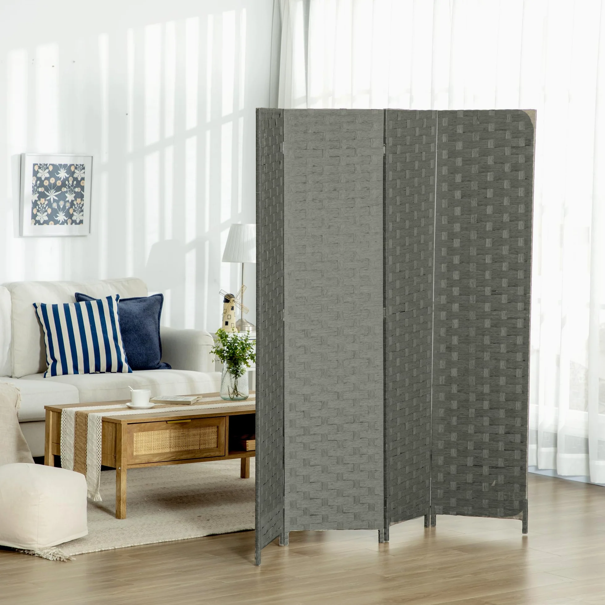 HOMCOM Paravent Intérieur 4 Panneaux 159,5L x 169,5H x 1,6P cm Gris | Séparateur de Pièce, Cloison en Bois