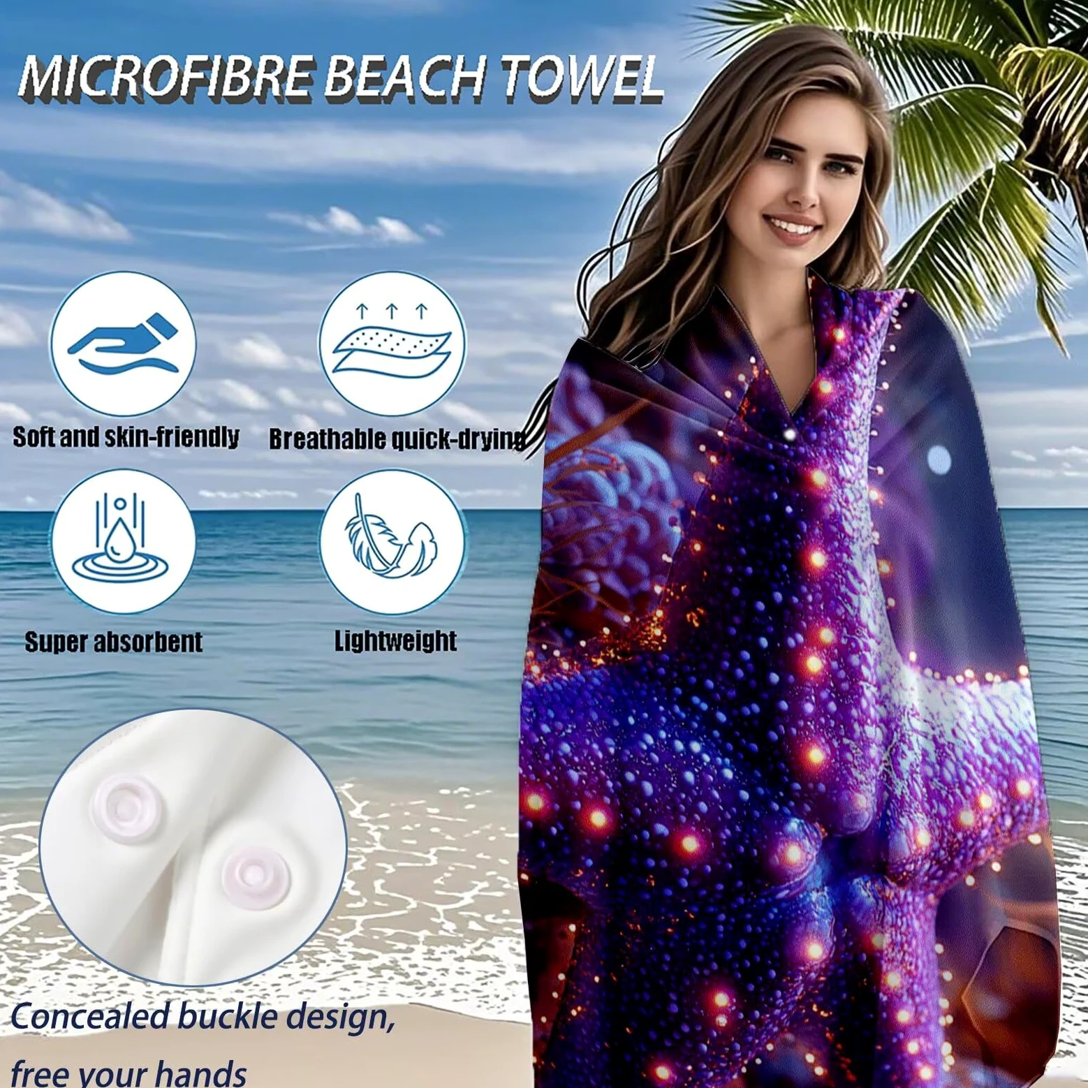 Serviette de Plage XXL 100x200 cm,Étoile de mer Serviette Plage Microfibre avec Séchage Rapide Anti-Sable Absorbante Fonction Design pour Vacances Piscine Pique-Nique Voyages Yoga, Cadeau Femme Q-872