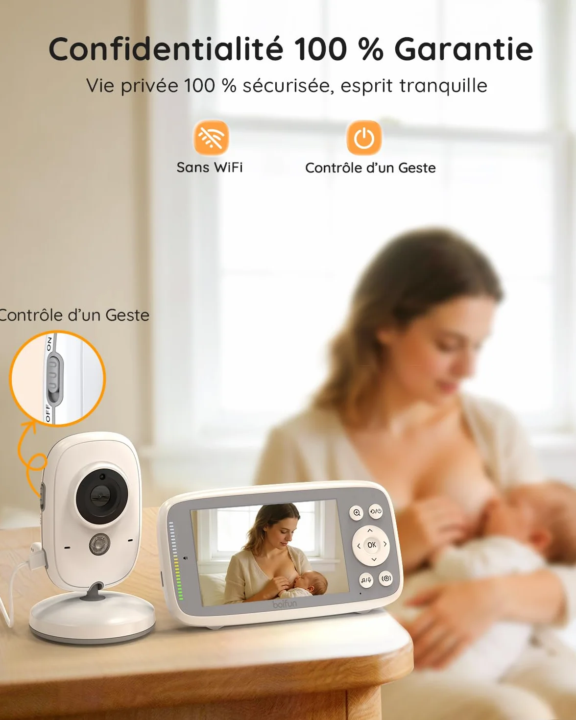 Babyphone Camera Bebe Surveillance sans WiFi, Vision Nocturne Infrarouge Invisible, 4 Pouces HD 720P, Interphone Bidirectionnel