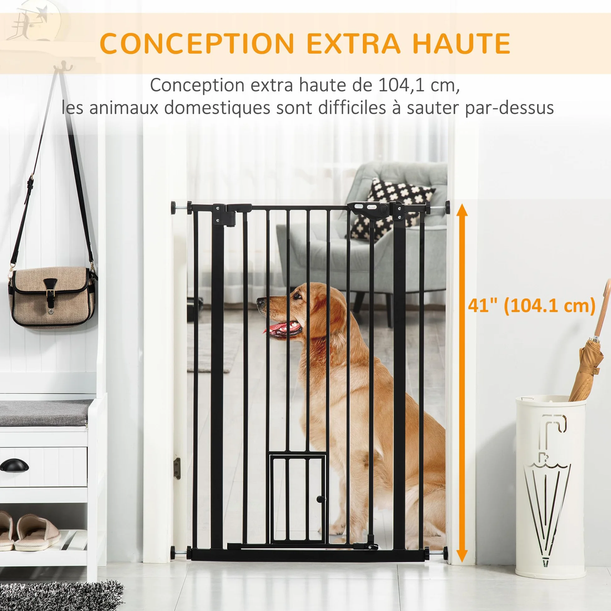 PawHut Barrière de sécurité Animaux 104 cm Haute avec Porte Chat Fermeture Automatique Double Verrouillage Acier Noir