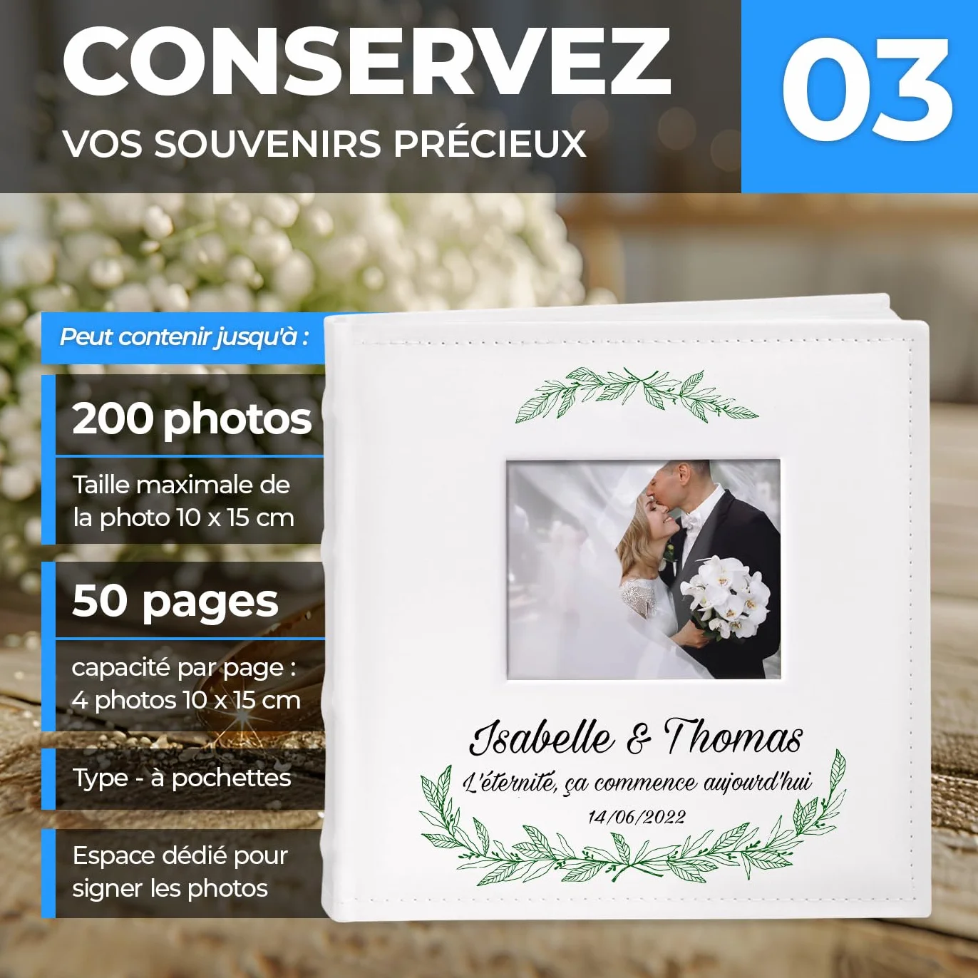 Maverton Album photos à pochettes personnalisé avec poche ouvrable couverture cadeau mariage