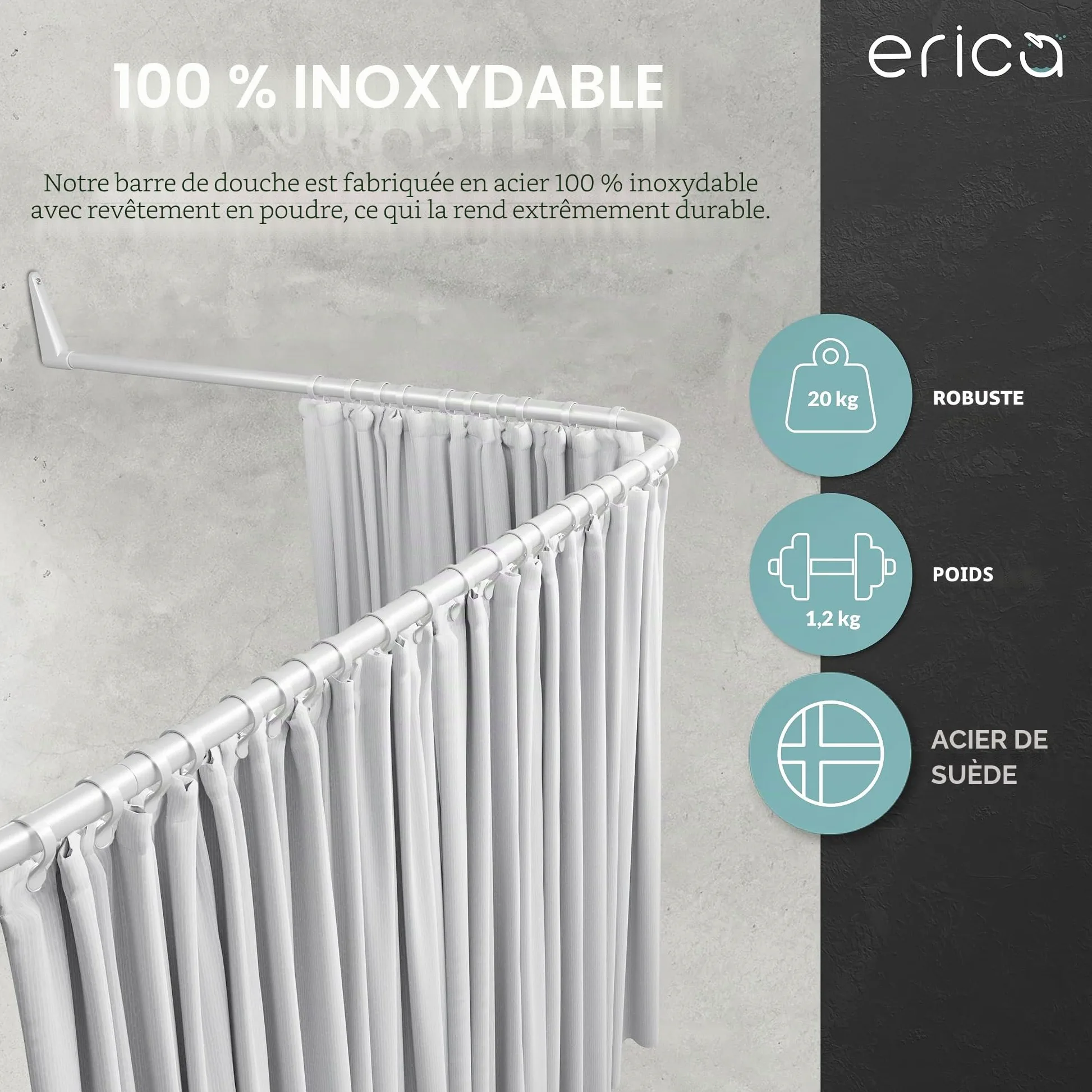 Erica Tringles de Rideau de Douche en U - 85x95x85 cm, Barre de Rideau de Douche Murale sans Fixation au Plafond - Revêtement Plastique sans PVC, Tringle de Douche 100% Inoxydable. Blanc.