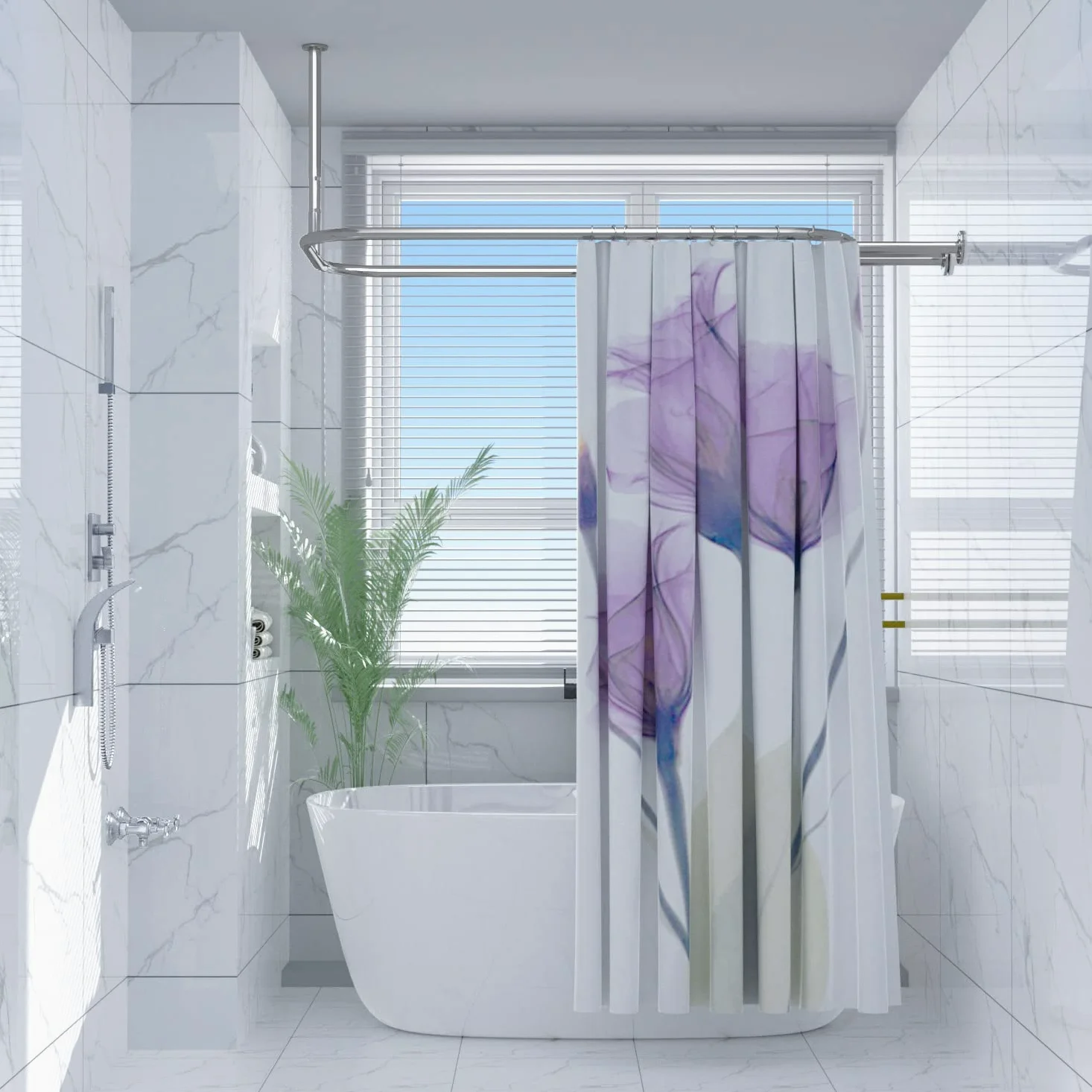 Anneau de rideau de douche en alliage d'aluminium ovale forme carrée pour salle de bain 148 cm x 61 cm pour baignoires à pieds libres (Argent)