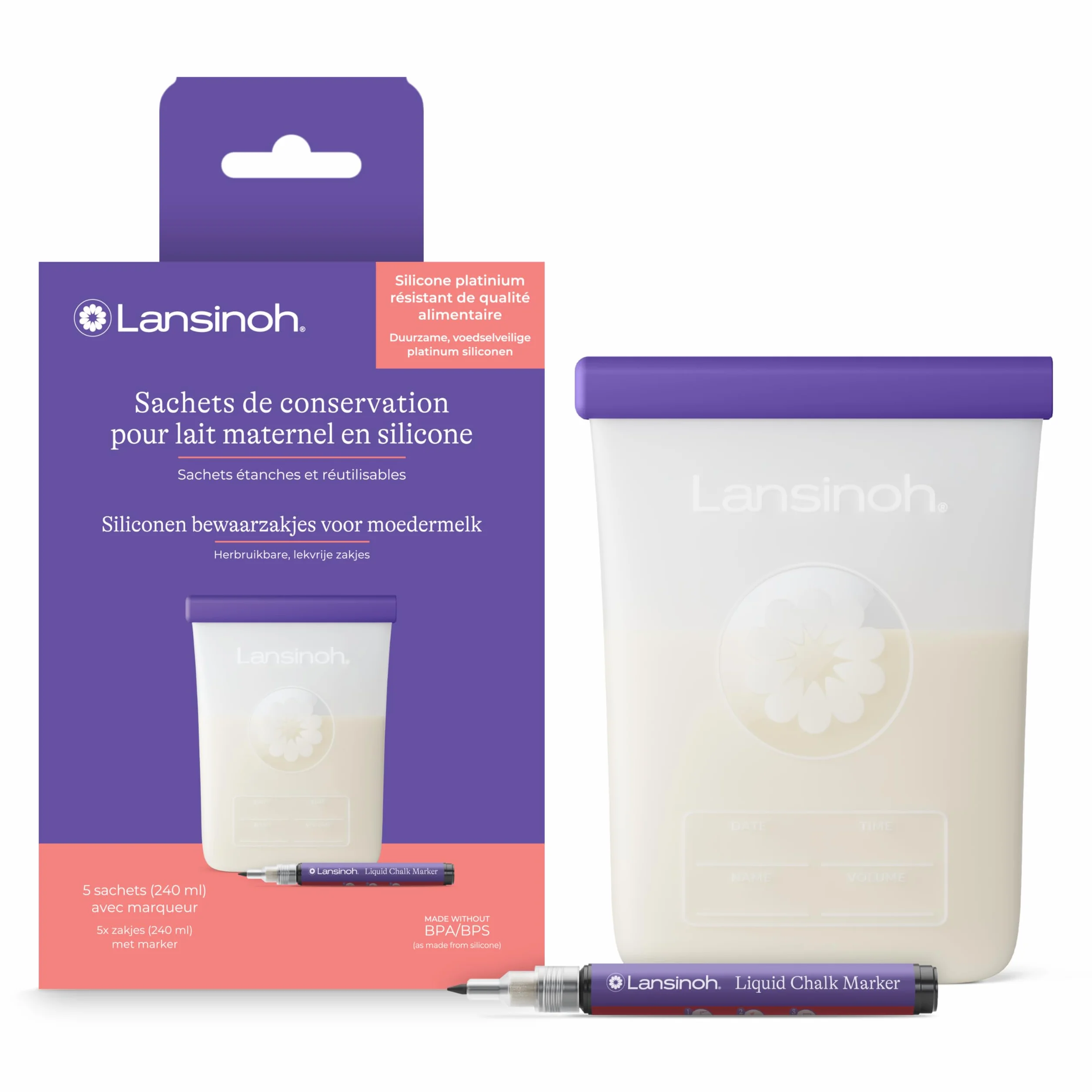 Lansinoh® Sachets de Conservation Lait Maternel en Silicone Réutilisable – Lot de 5 x 240 ml – Étanches, Congélateur & Réfrigérateur – Silicone Alimentaire Platinium