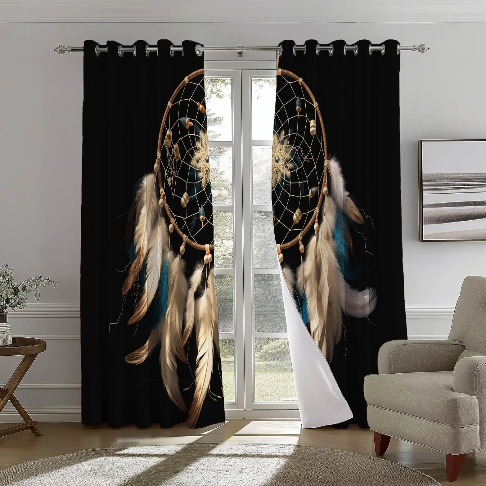 Rideau Occultant Noir Imprimé pour Salon Chambre Fenetre 85L X 200H cm (2 Panneaux) Rideaux à œillets d'intérieur isolés pour la Maison Bohème Fantastique Attrape-rêves Chambre Décoration Rideaux