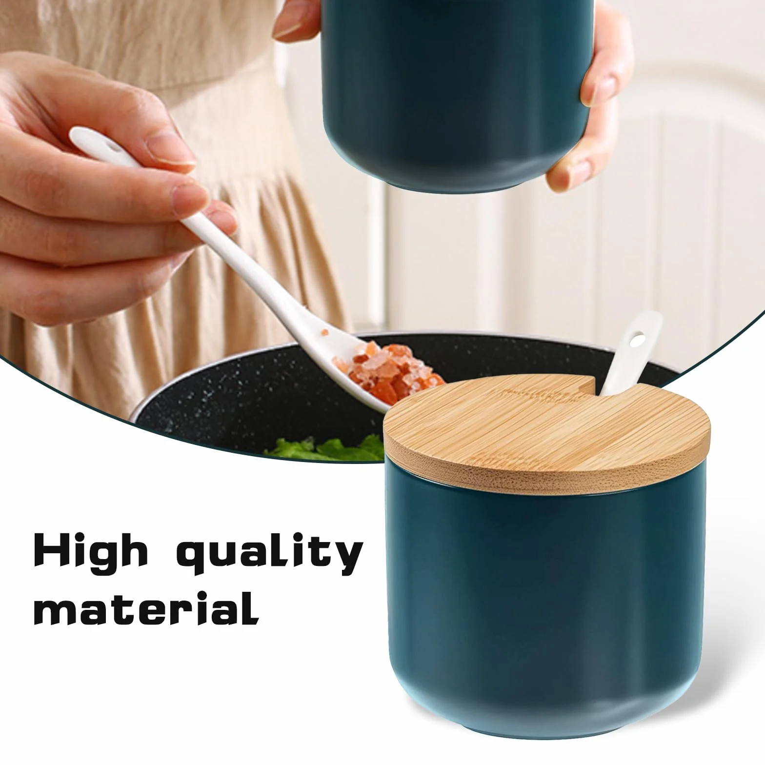Salière en céramique avec couvercle en bois et cuillère, vert émeraude, récipient à sel moderne pour cuisine et table