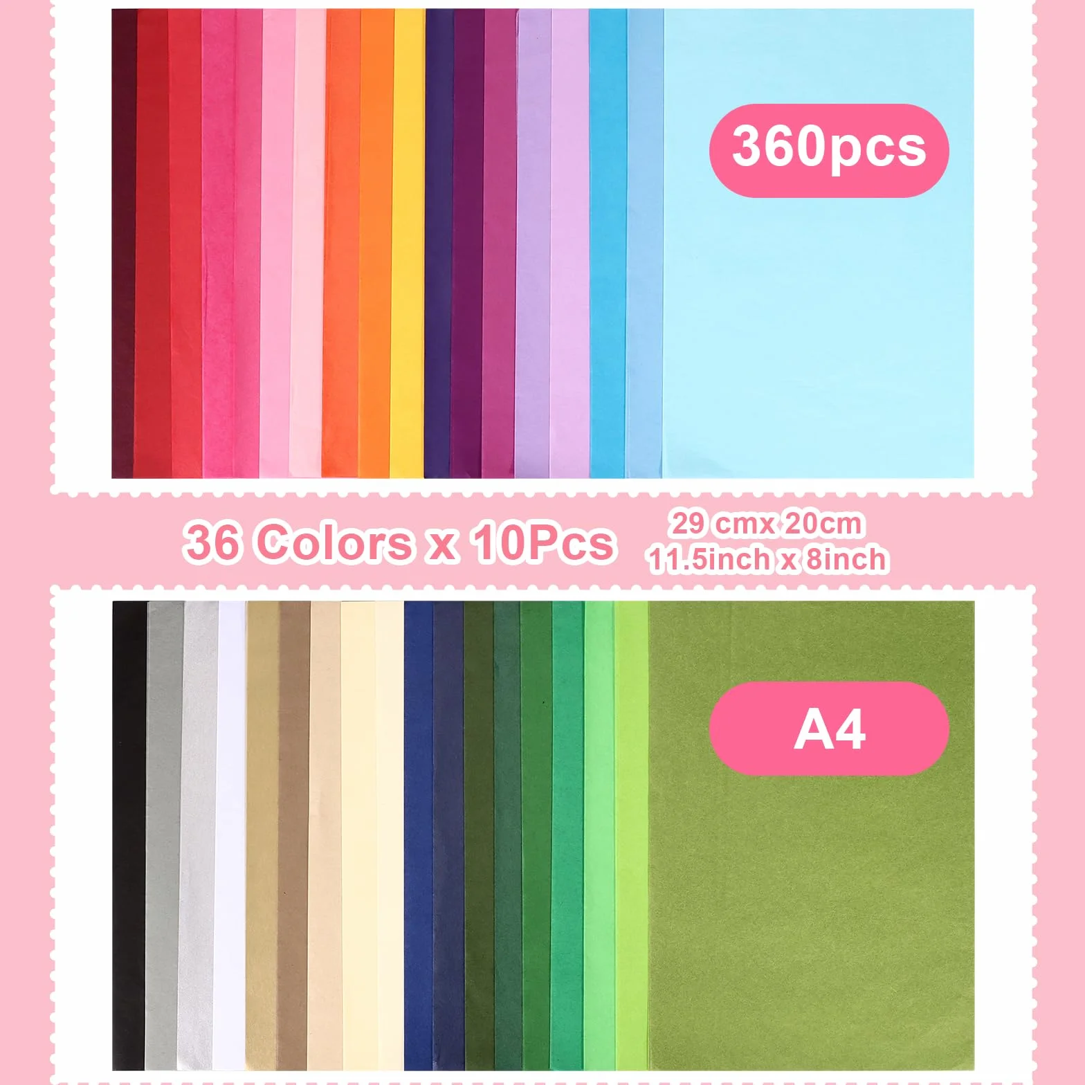 Papier de Soie A4 36 Couleurs 17 g/m² 360 Feuilles pour Emballage et Décoration