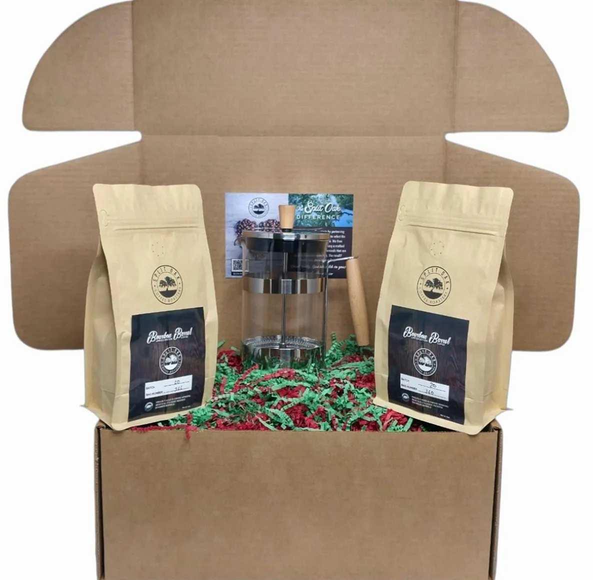 Coffret cadeau pour homme et femme avec lot de 2 cafés torréfiés en fût de bourbon bio vieilli + 1 cafetière à piston en acier inoxydable de Split Oak.