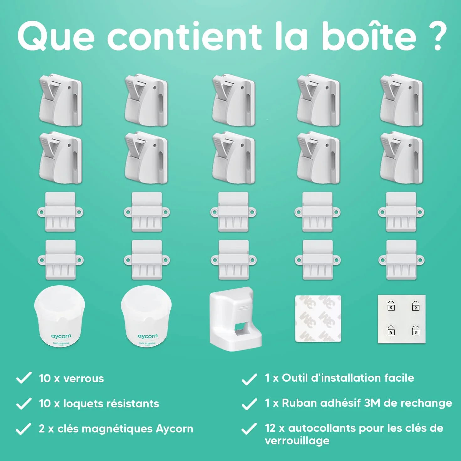 Aycorn Verrous Magnétiques de Sécurité pour Bébés, 10 loquets et 2 clés, Bloque Porte Placard