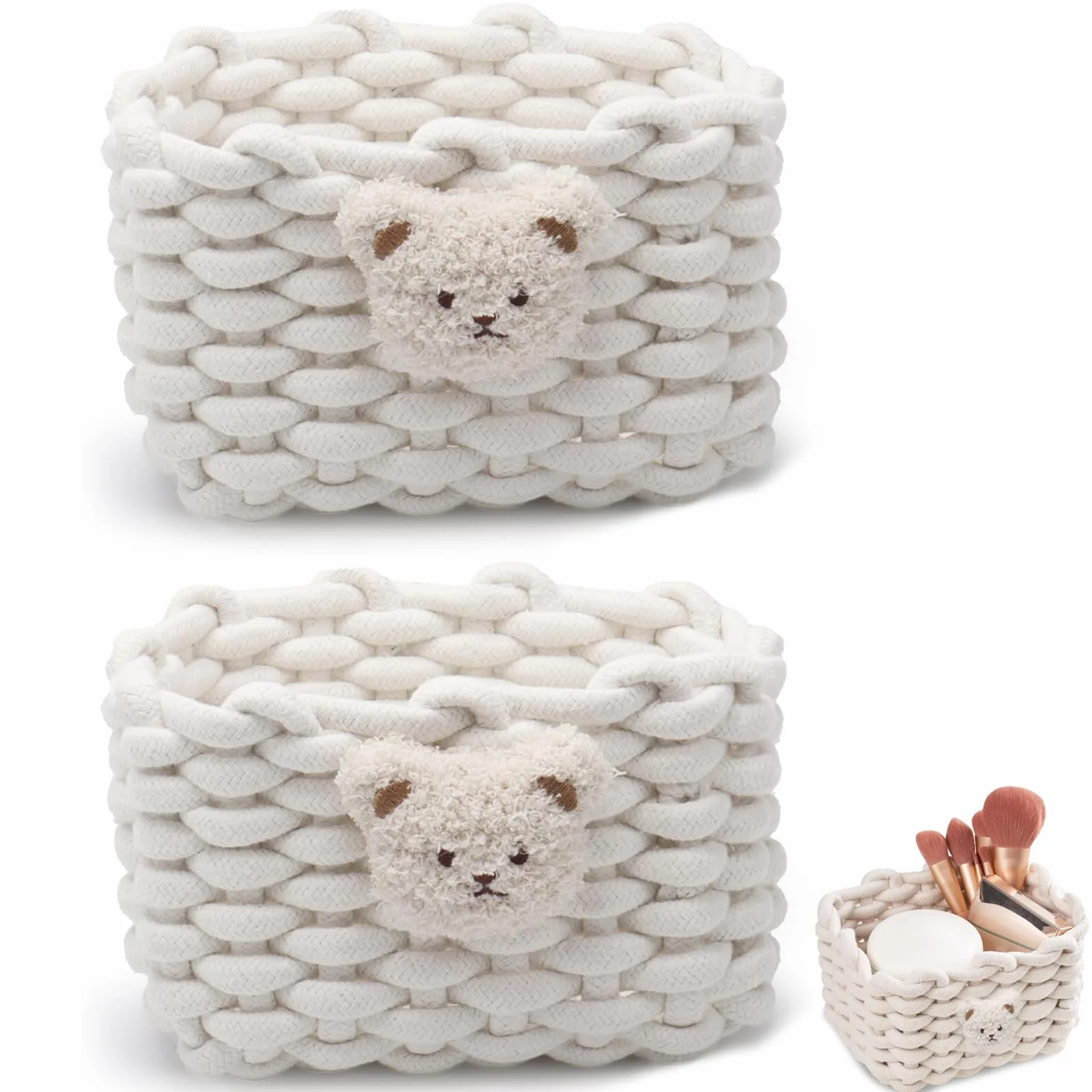 Paniers de Rangement en Corde de Coton Empilables, Petit Panier Tressé Carré pour Bébé, Blanc