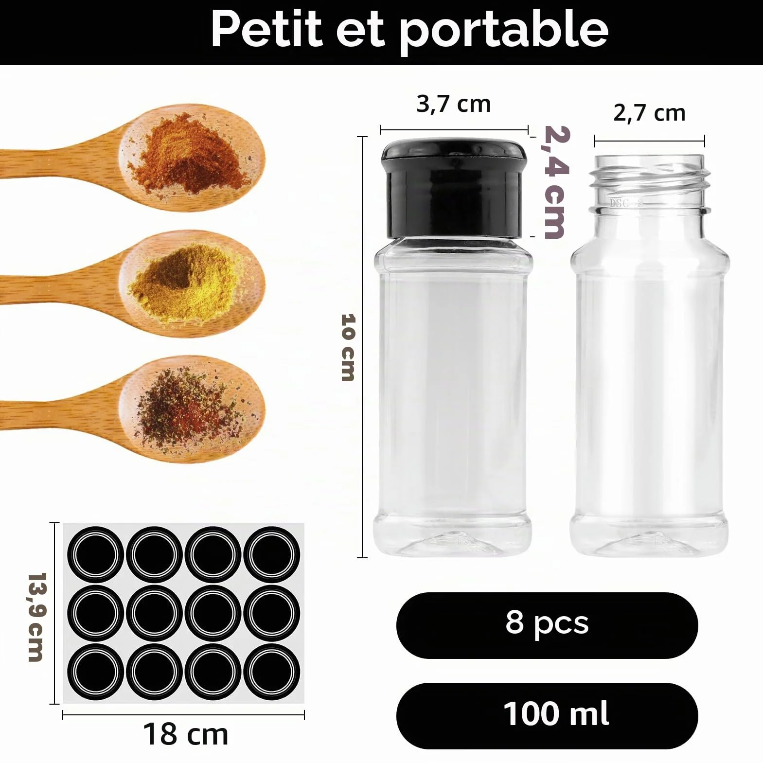 Lot de 8 Pots à Épices Plastique avec Étiquette 100ML - Bocaux Rangement Cuisine