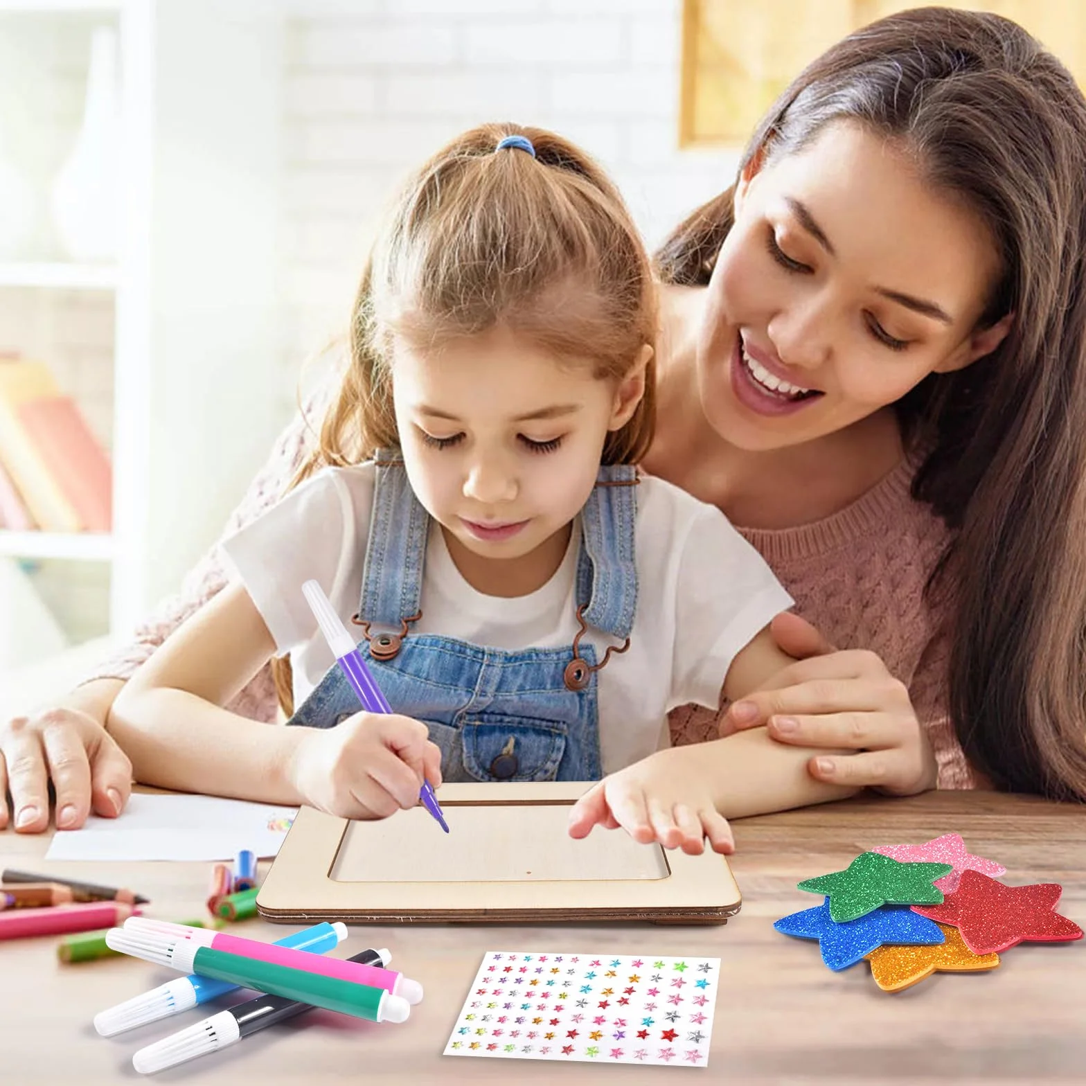 DIY Cadre Photo pour Enfant 6 Pièces Kits en Bois 15 x 20 cm avec Autocollant Diamant et Crayons