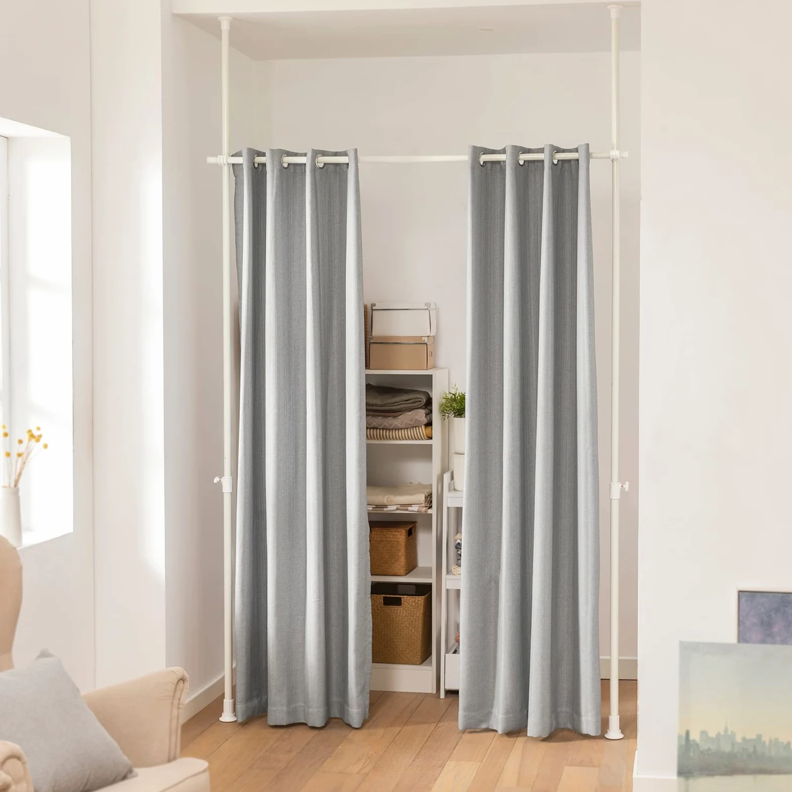 SoBuy Paravent Modulable Occultant Réglable 162-266x199-262 cm | Séparateur de pièces avec rideau télescopique, isolation thermique pour salon, bureau et chambre Gris Anthracite KLS12-HG