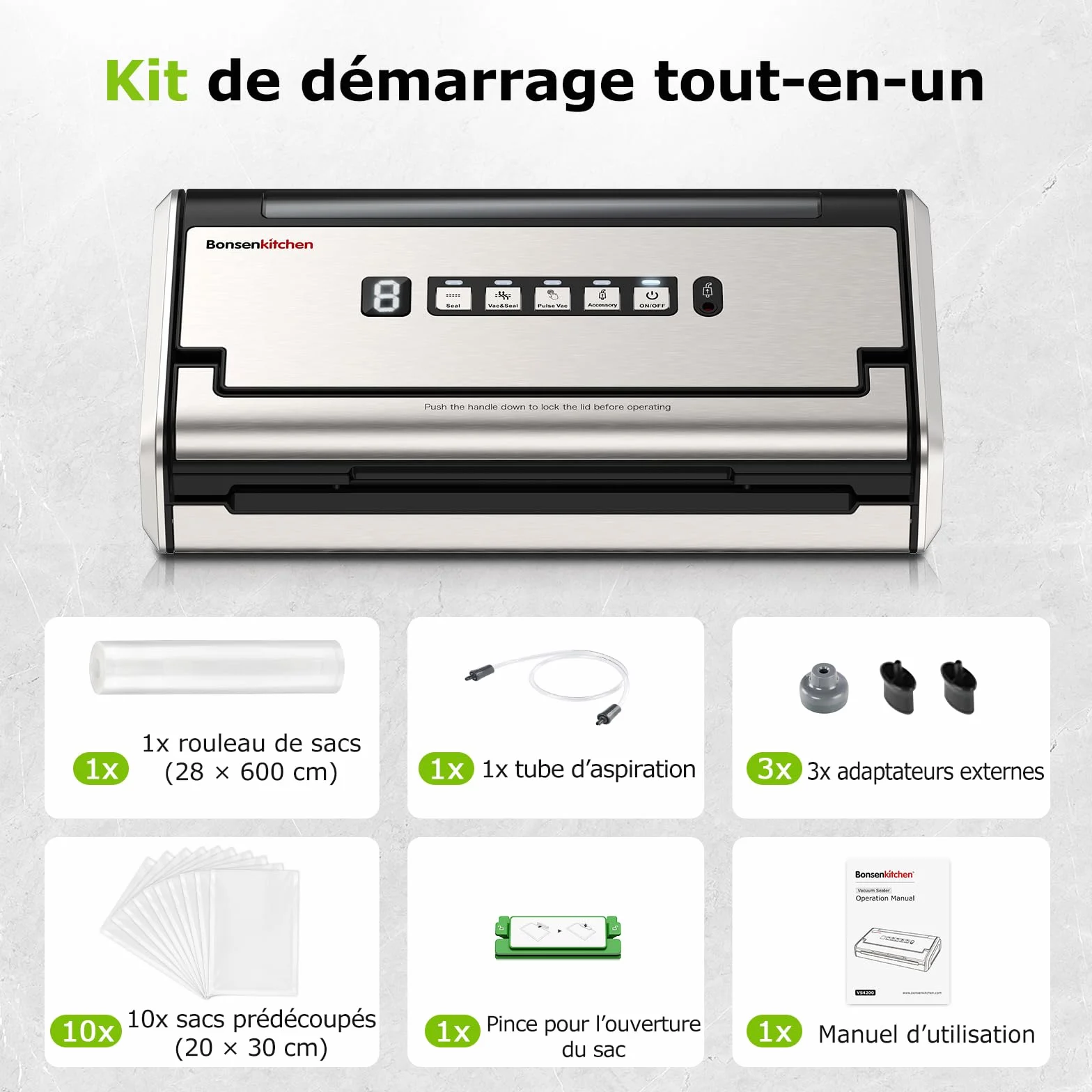 Bonsenkitchen Machine Sous Vide, 5mm Soudure Large Anti-Fuite, Acier Inoxydable, Une Main & Pulse Sec/Humide, VS4200