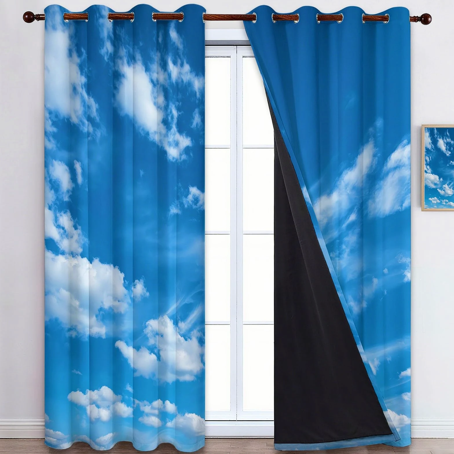 Rideau Occultant Bleu, Paysage Naturel Ciel Bleu Nuages Blancs Rideaux à Oeillets, Rideau Thermique Isolant Anti Froid et Chaleur pour Salon Chambre Fenetre Décoration 92L x 214H cm Lot de 2