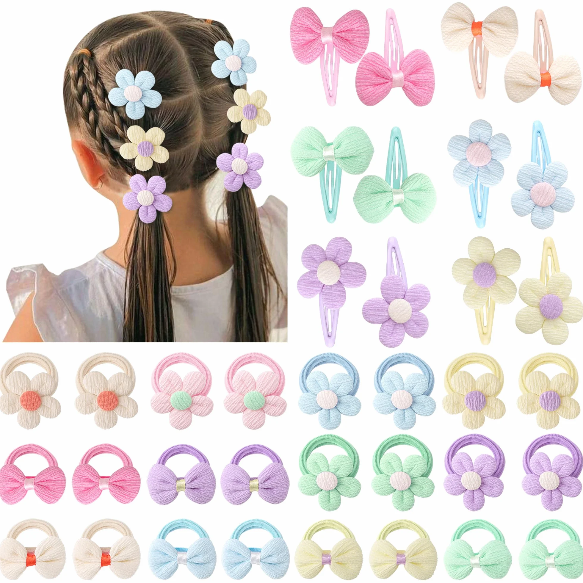 Accessoires de Cheveux pour Filles Doux Sans Couture Arcs Fleurs Pinces Bandeau Élastique Queue de Cheval Tout-petits