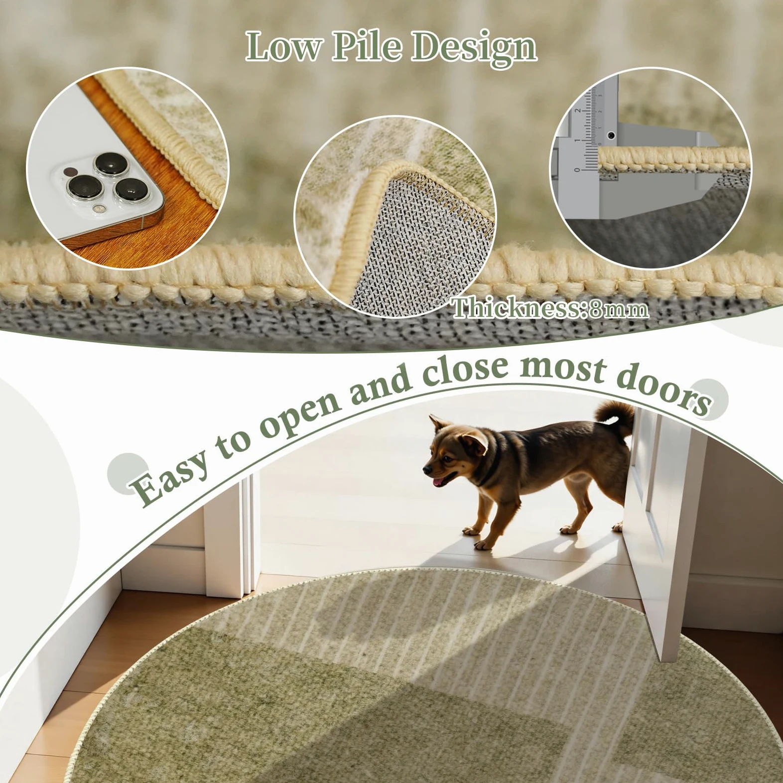 Tapis de salon rond 80 cm, moelleux à poils courts avec design géométrique vert et beige, antidérapant et lavable, pour le salon ou comme descente de lit, en vert, beige