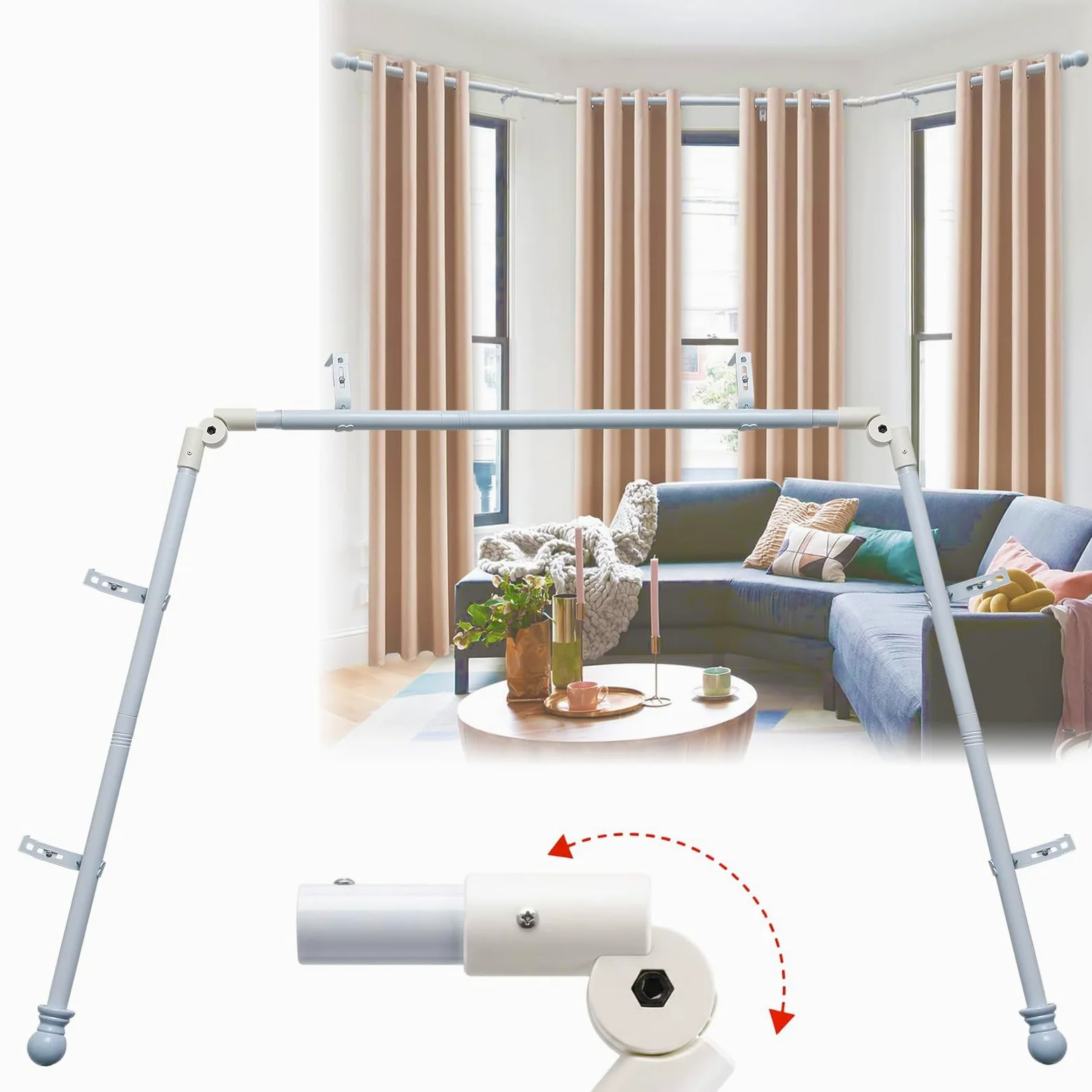 Tringle à rideaux d'angle réglable et robuste en forme de U avec supports pour fenêtres – 91,4 à 406,4 cm – Blanc