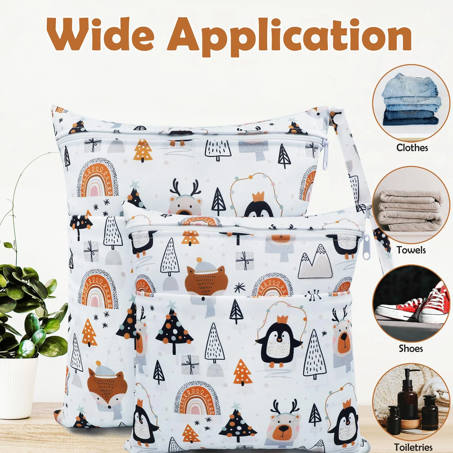 Sac à Couches Lavable 2 Pcs Wetbag Réutilisable Etanche Organisateur Double Fermeture Eclair Sac à Langer Bébé Voyage Plage Pingouin Blanc