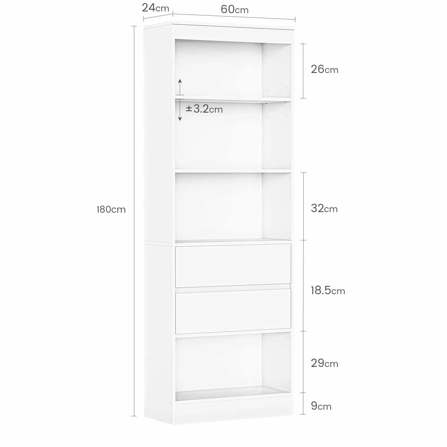 Bibliothèque, Meuble de Rangement avec 2 Grands Tiroirs et 4 Compartiments, Colonne Polyvalente avec Étagère Réglable, pour Salle de Bain, Salon, Cuisine,Facile à nettoyer, 180x60x24 CM,Blanc