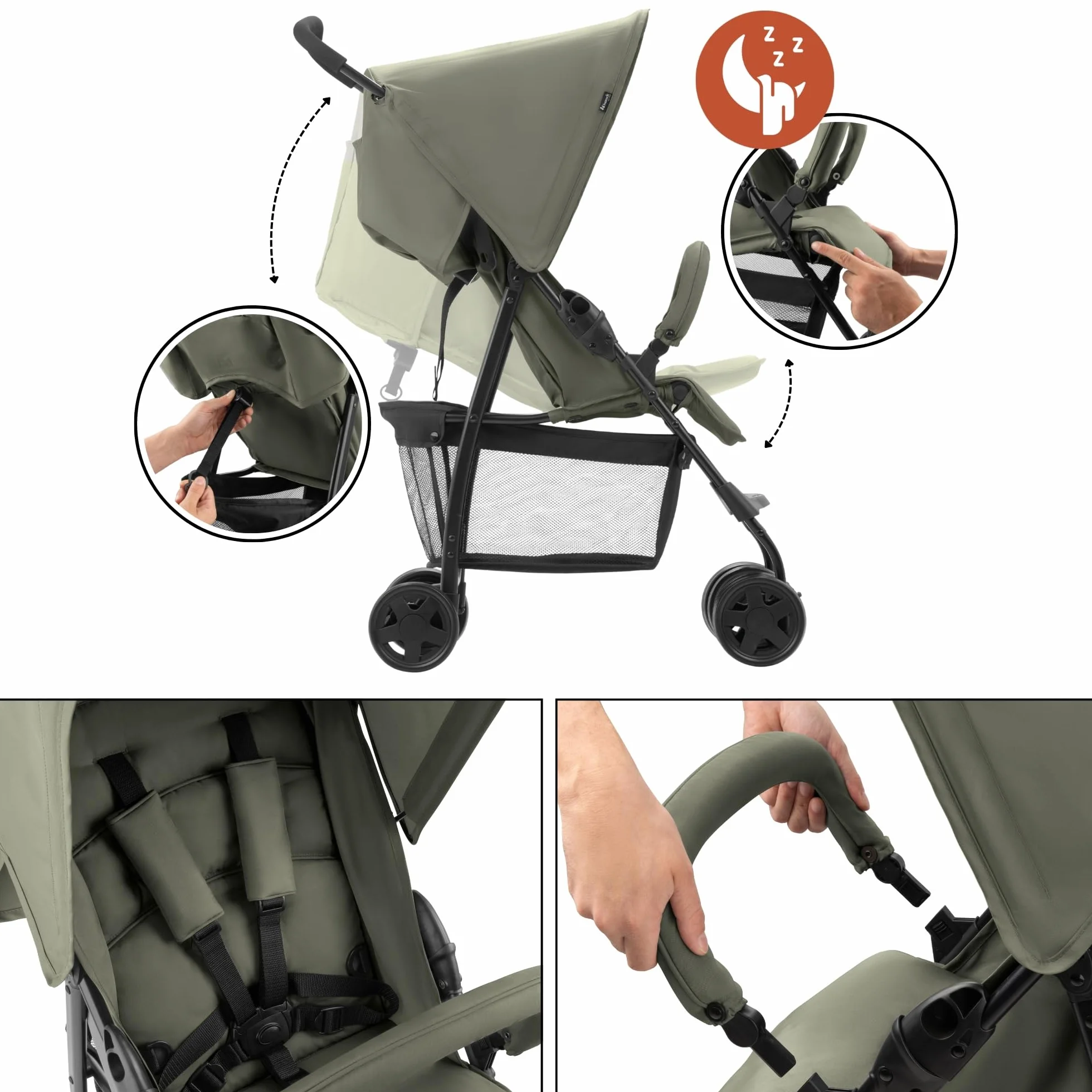 Hauck Poussette Compacte Citadine Sport 5,9 kg Pliable Inclinable 15 kg Capote Pare-Soleil Grand Panier 3 kg Olive