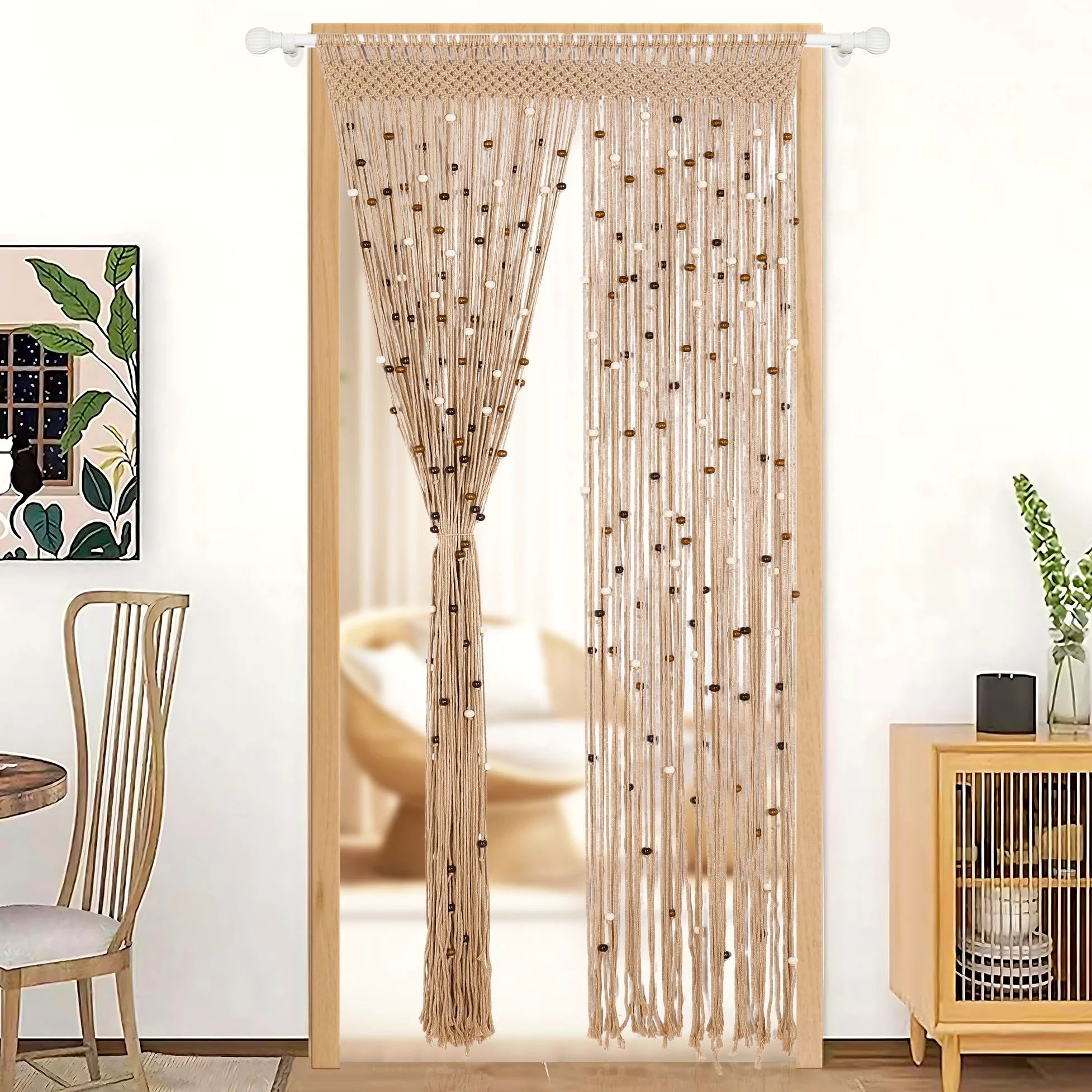 BECHAEO Rideau de perles en macramé fait à la main en coton pour porte, fenêtre, perles en bois et pompons à suspendre, séparateur de pièce, couloir, placard, chambre à coucher, décoration d'intimité,