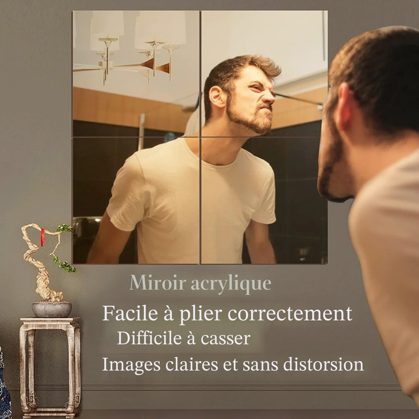 Miroir Mural Adhésif en Acrylique 30x30 cm, 4 Pièces Autocollant pour Maquillage, Porte, Chambre