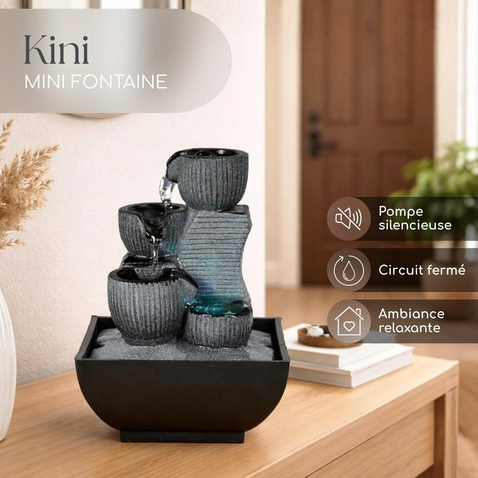 Fontaine d’Intérieur Kini Cascade Zen Relaxante avec Lumière LED Coloré H 18 cm