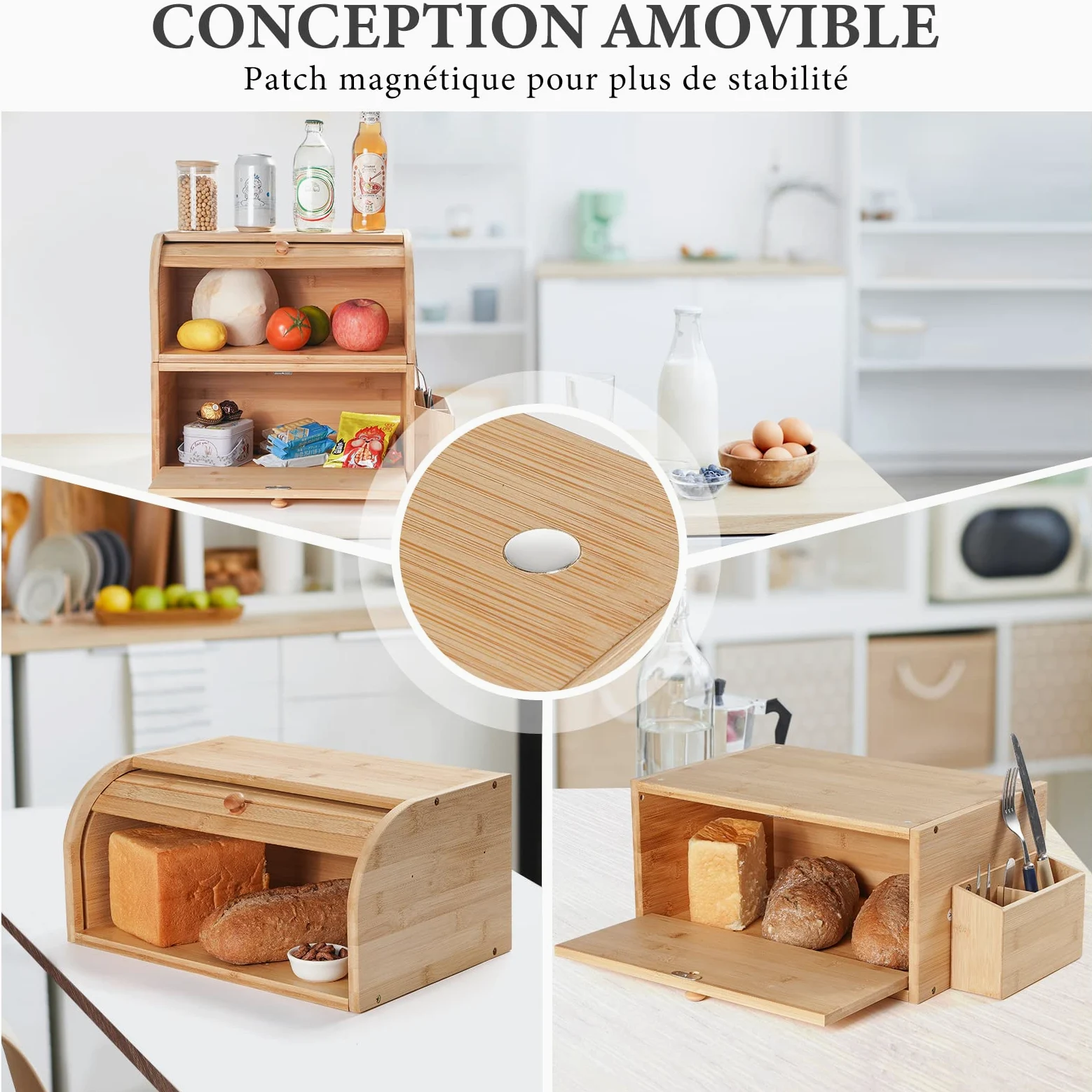 GUUSII HOME Boite a Pain Bois Grande Capacité Boîte à Pain de mie Bambou Huche a Pain Moderne pour Cuisine Countertop 38 x 25 x 36 cm Double Couche Empilable