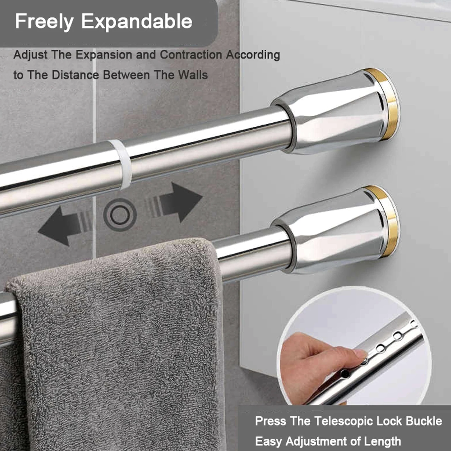 Tringle à rideaux télescopique réglable sans perçage en acier inoxydable Longueur 70–110 cm Parfait pour salle de bain placard – Finition noire