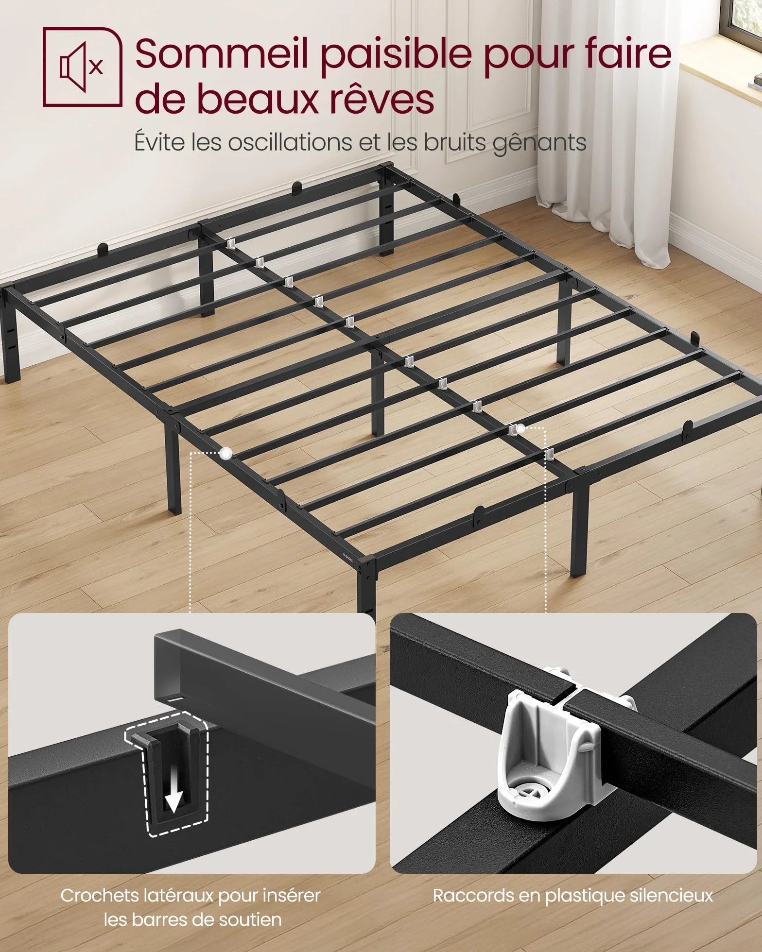 VASAGLE Cadre de lit Double métal Lit 140x190 cm 450 kg Noir d'encre RMB133B01