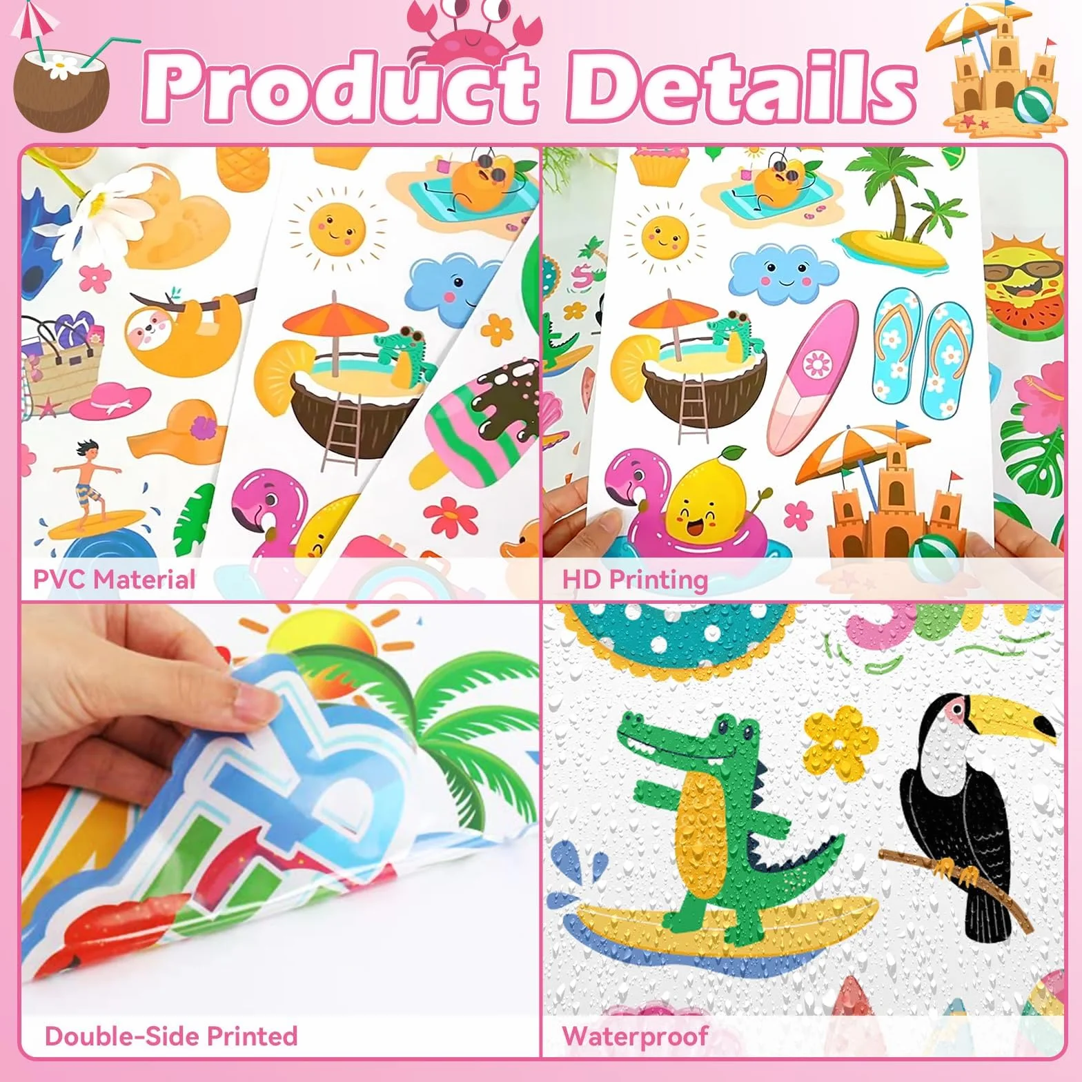 Deco Stickers Fenêtre Été Réutilisables Autocollants 63 Design Soleil Chaises Plage Bouées