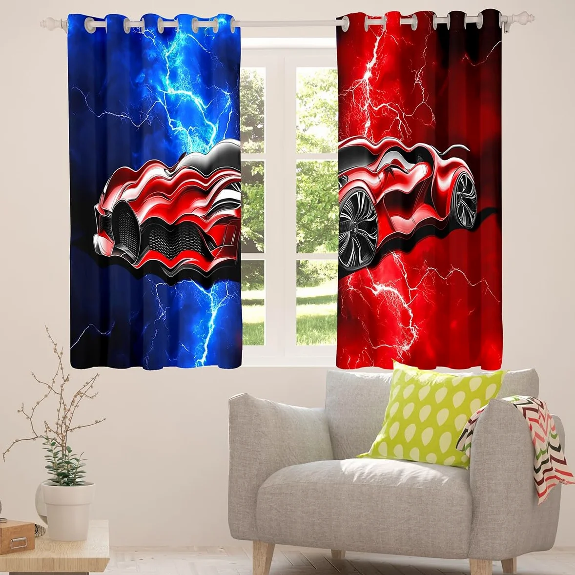 Homewish Rideau Occultant 30%-50% Voiture de Sport 117x137 cm, Rideau Enfant Garçon Voiture de Course, Rideau Voilage Éclairs, Voilage Fenetre Rouge et Bleu, pour Chambre/Salon Décoration de Fenêtre